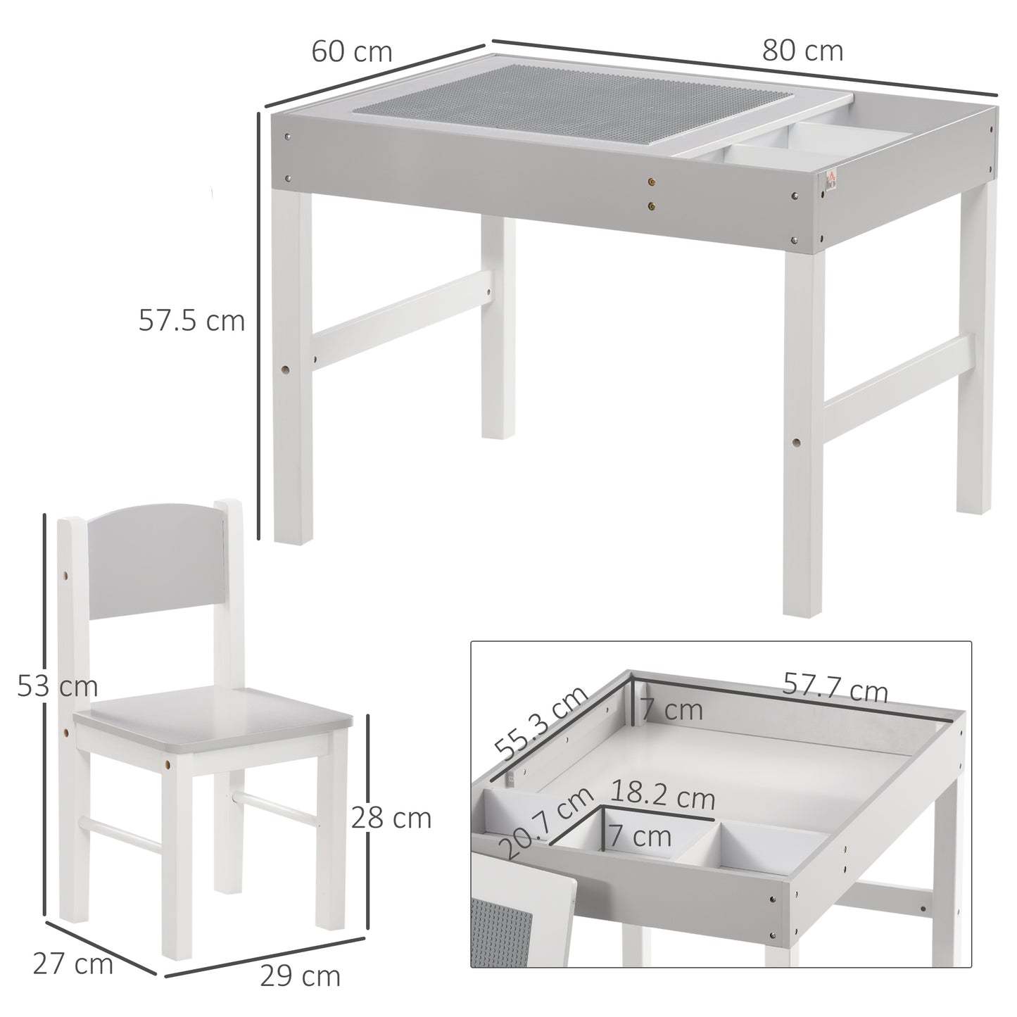 ZONEKIZ Kids Table and Chair Set, with Storage Space - Grey