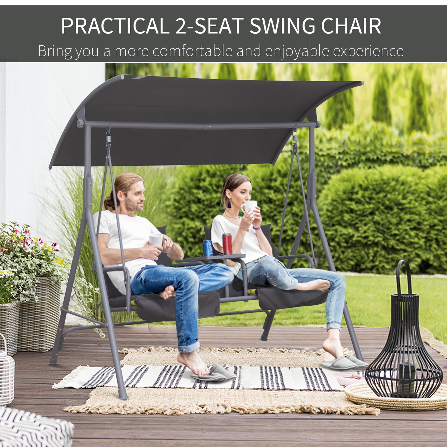 Outsunny Steel Frame 2-Seater Swing Chair With Table Grey