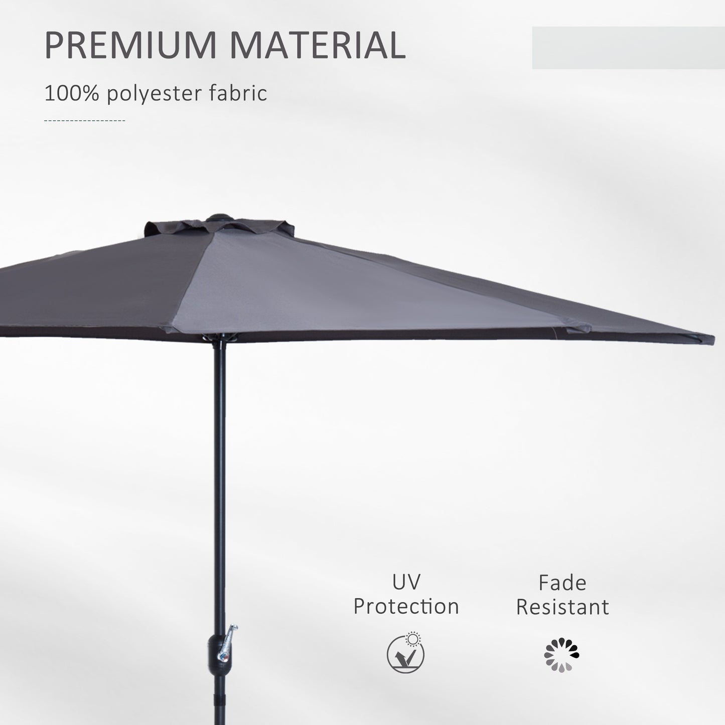 Outsunny 3 m Half Round Umbrella Parasol-Grey Polyester/Aluminum