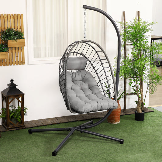 Outsunny Outdoor PE Rattan Swing Chair With Thick Padded Cushion, Foldable Basket Patio Hanging With Metal Stand - Light Grey