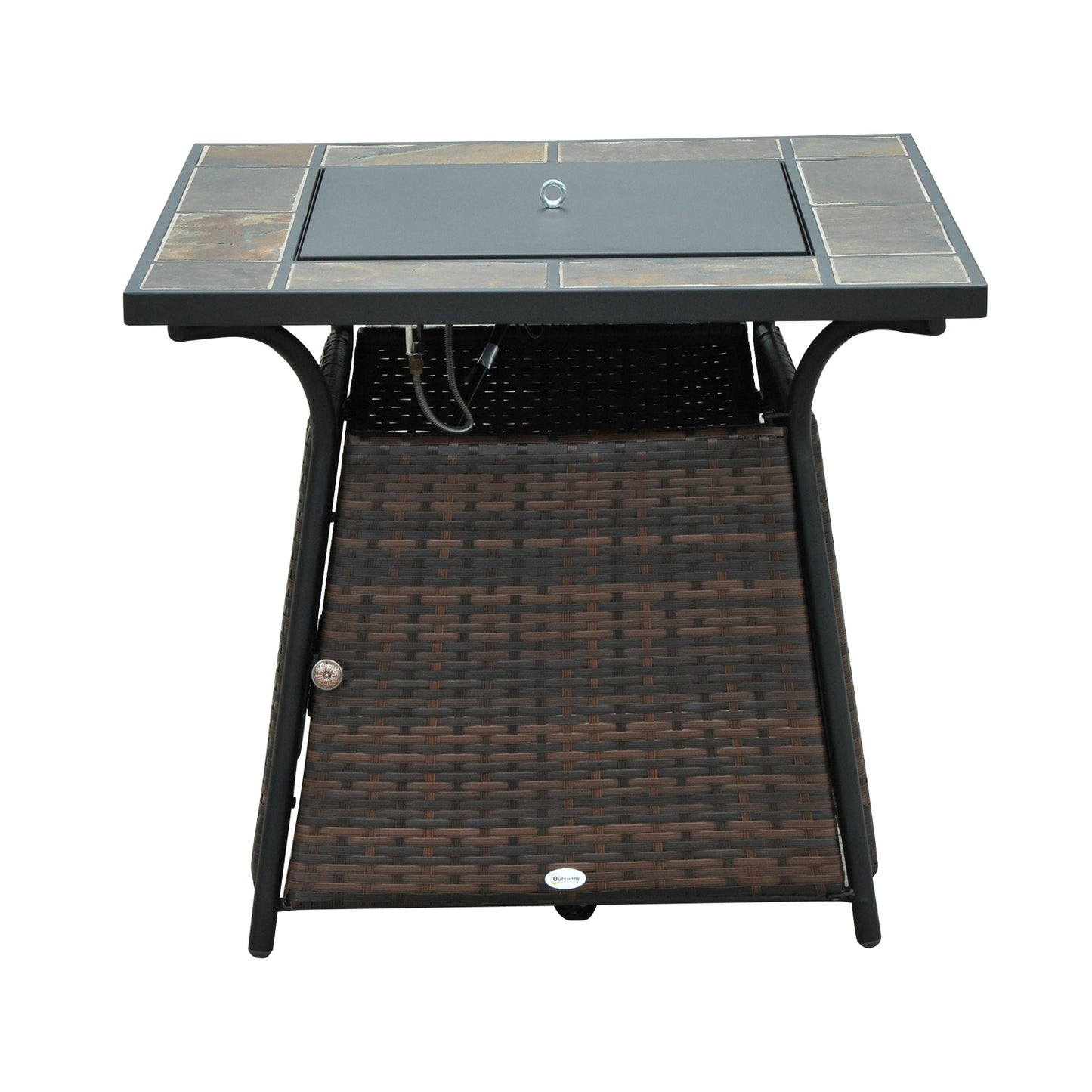 Outsunny Wicker Gas Fire Pit W/Lid 80Lx80Wx69H cm-Brown /Black