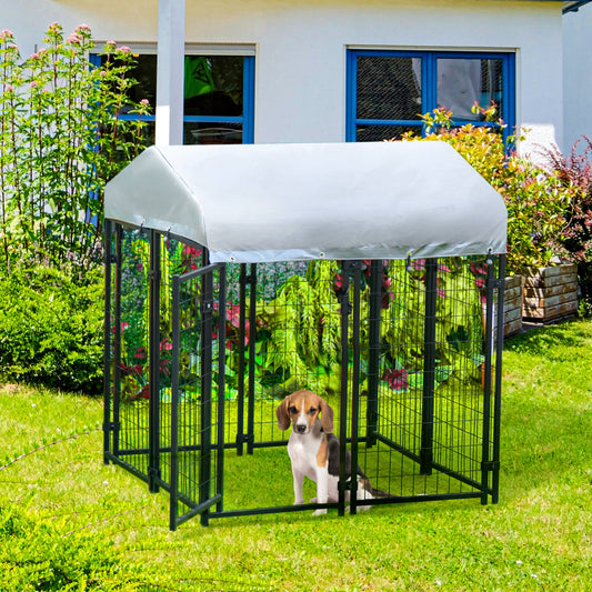 Outdoor Dog Kennel, Dog Run W/ UV-Resistant Canopy & Lockable Design, Metal Playpen Fence for Small and Medium Dogs, 120 x 120 x 138 cm