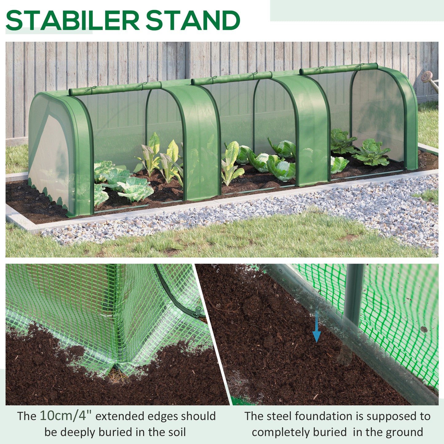 Outsunny PE Tunnel Greenhouse Green Grow House Steel Frame for Garden Backyard with Zipper Doors 295x100x80 cm Green