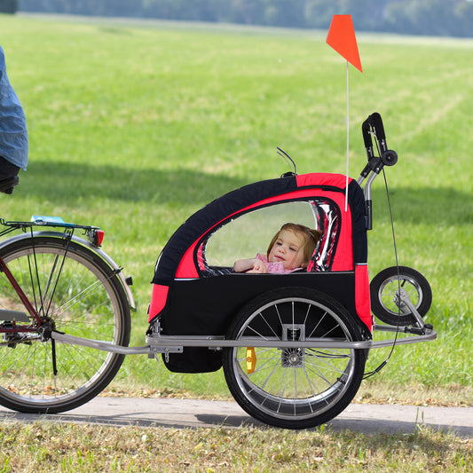 Bike Trailer 2-Seater for Bicycle Baby Child Carrier in Steel Frame (Black and Red)