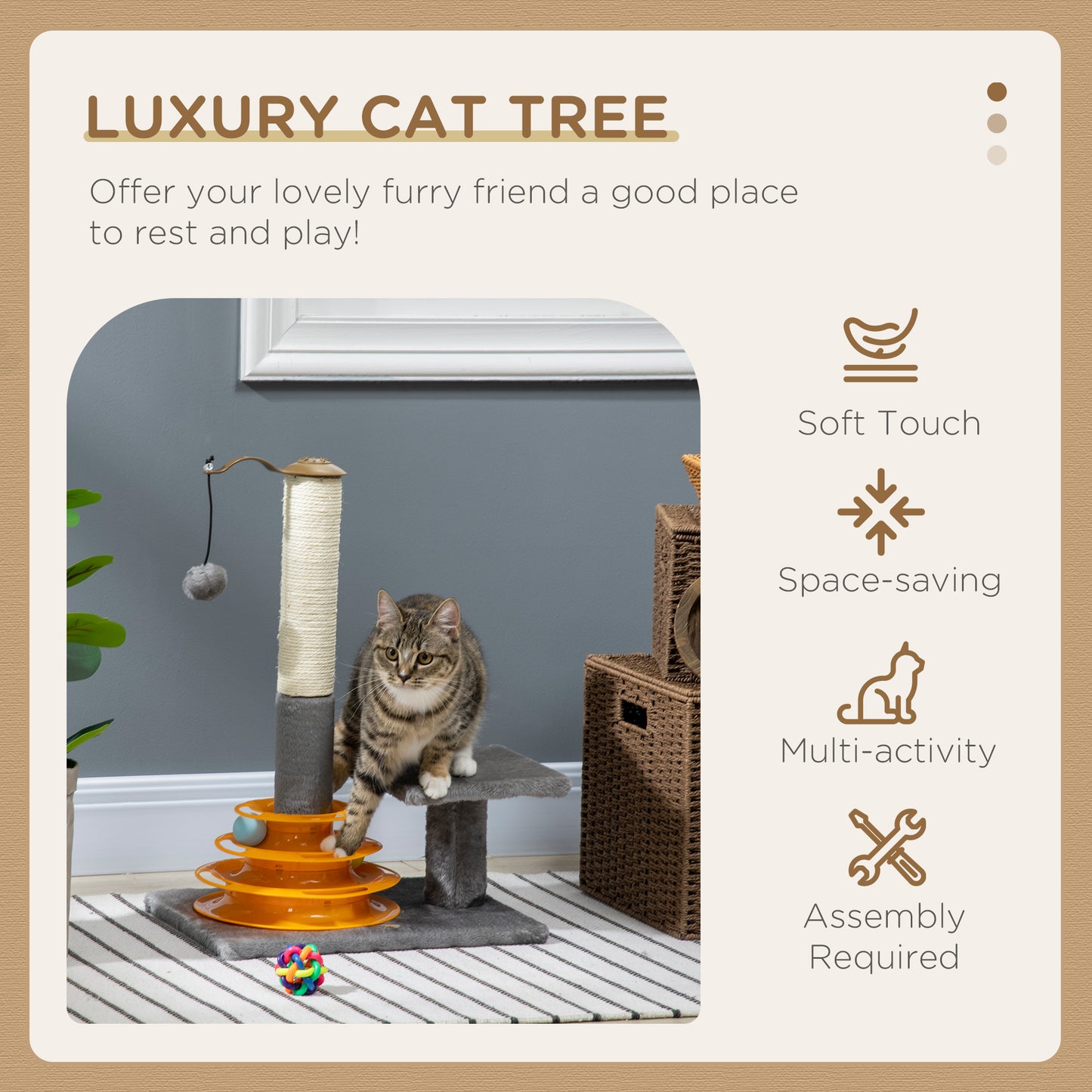 PawHut Cat Tree Tower Activity Center Climbing Stand Kitten House Furniture with Scratching Posts Toy and Perch 56cm Grey