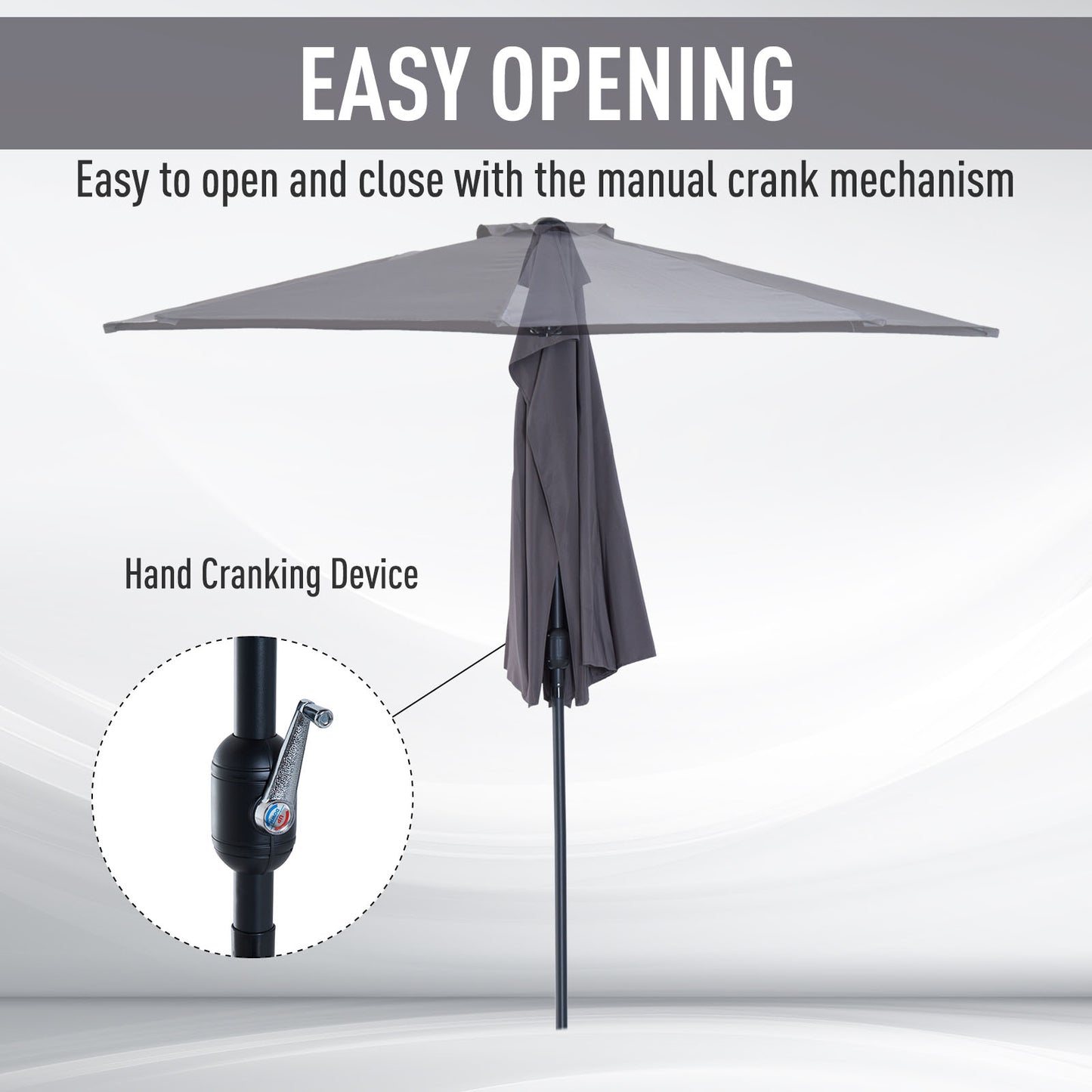 Outsunny 3 m Half Round Umbrella Parasol-Grey Polyester/Aluminum