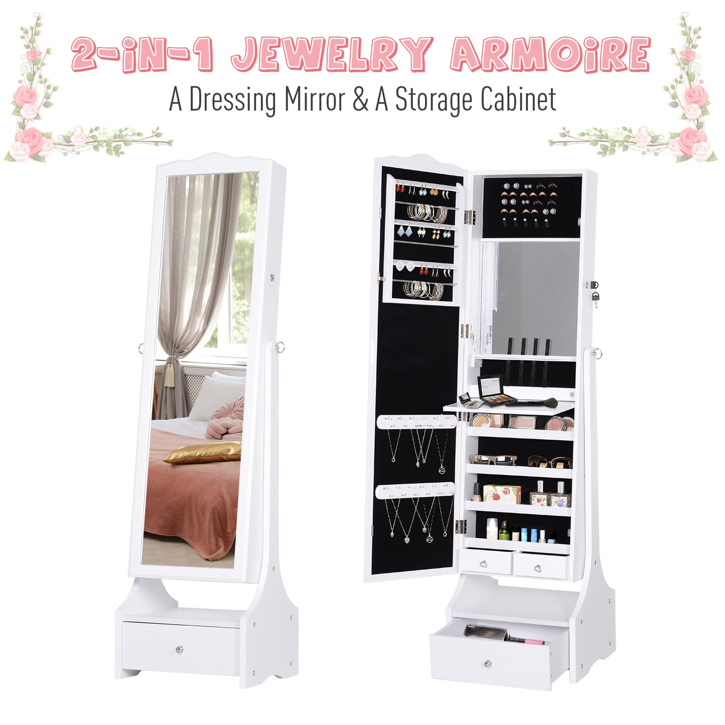 Jewellery Cabinet with led, Mirror Cabinet Armoire Floor Standing Flip-over Makeup Shelf Organizer with lock white