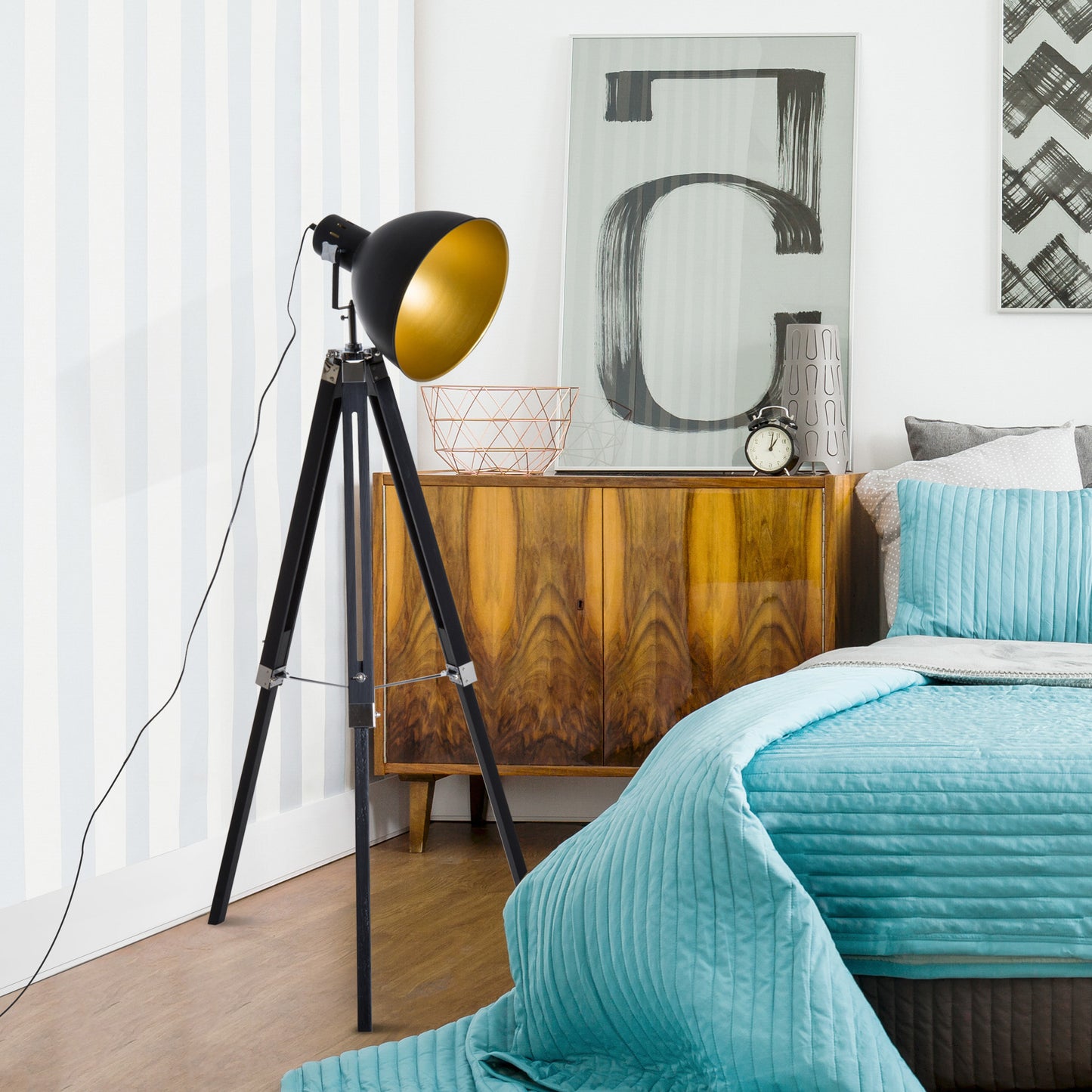 Industrial Floor Lamp for Living Room Tripod Spotlight Reading Lamp w/Wood Legs Metal Shade Adjustable Height Angle Black and Gold