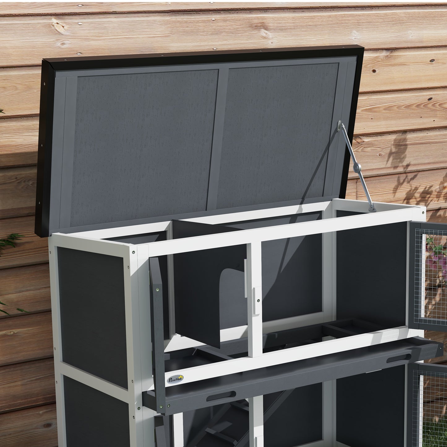PawHut Double Decker Rabbit Hutch 2 Tier Guinea Pig House Pet Cage Outdoor with Sliding-out Tray, 100x47x91cm, Grey