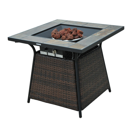 Outsunny Wicker Gas Fire Pit W/Lid 80Lx80Wx69H cm-Brown /Black