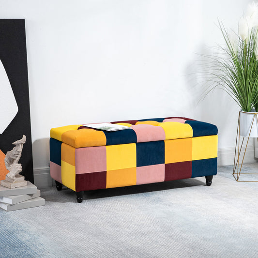 Velvet Storage Ottoman, Button-tufted Footstool Box, Toy Chest with Lid for Living Room, Bedroom, Multicoloured 114 x 47 x 47cm