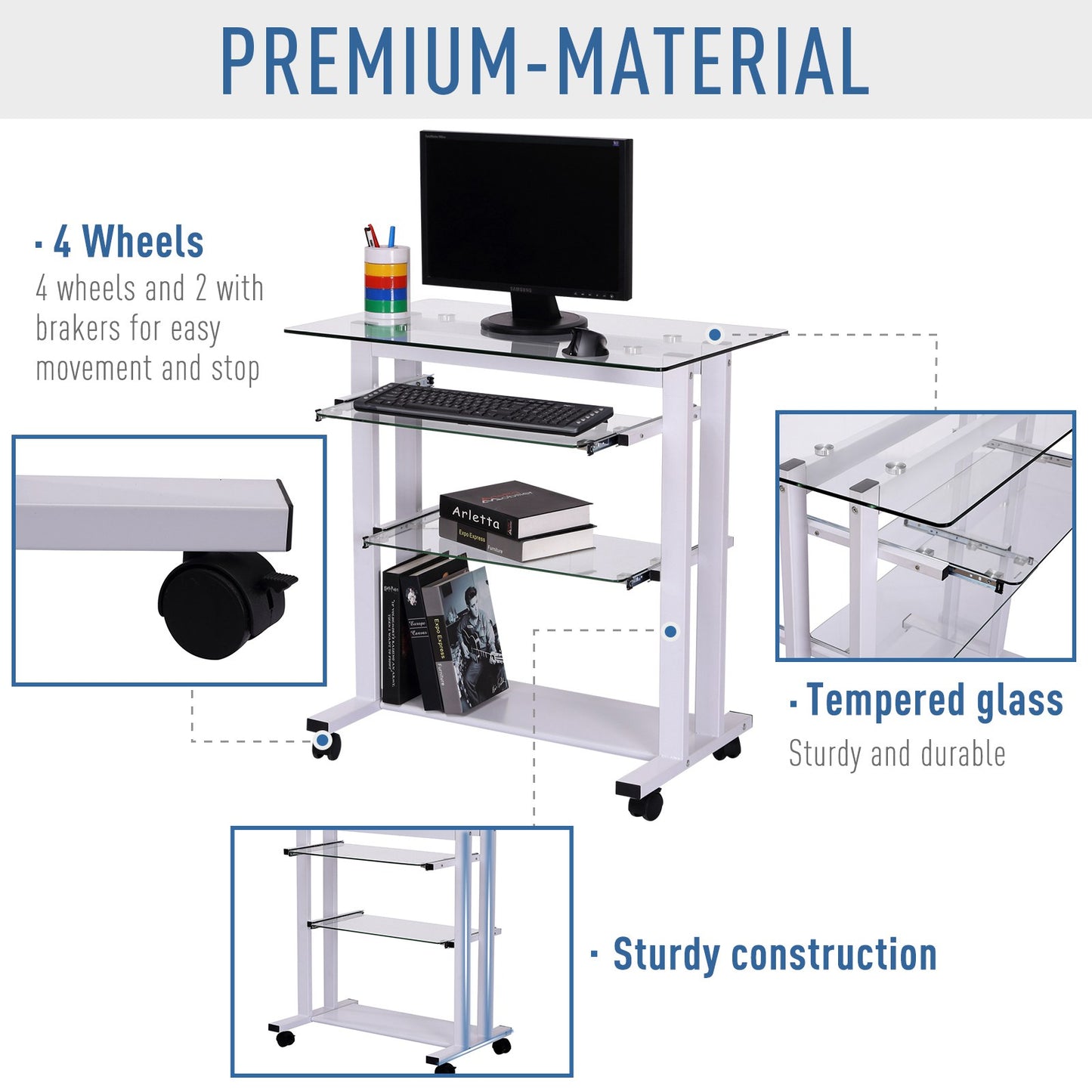 Computer Desk Glass Table Workstation Laptop pc desk mobile with wheels White