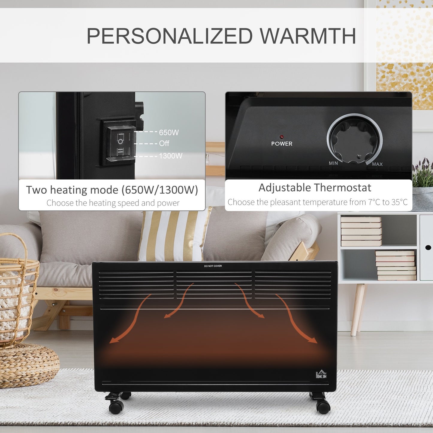 Convector Radiator Heater Freestanding or Wall-mounted Portable Electric Heating with 2 Heat Settings, Adjustable Thermostat and Safety Cut-Off