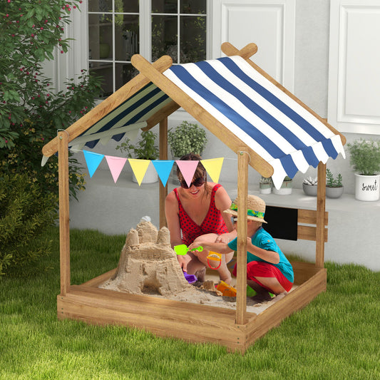 Outsunny Wooden Sandbox with Canopy House Design Brown