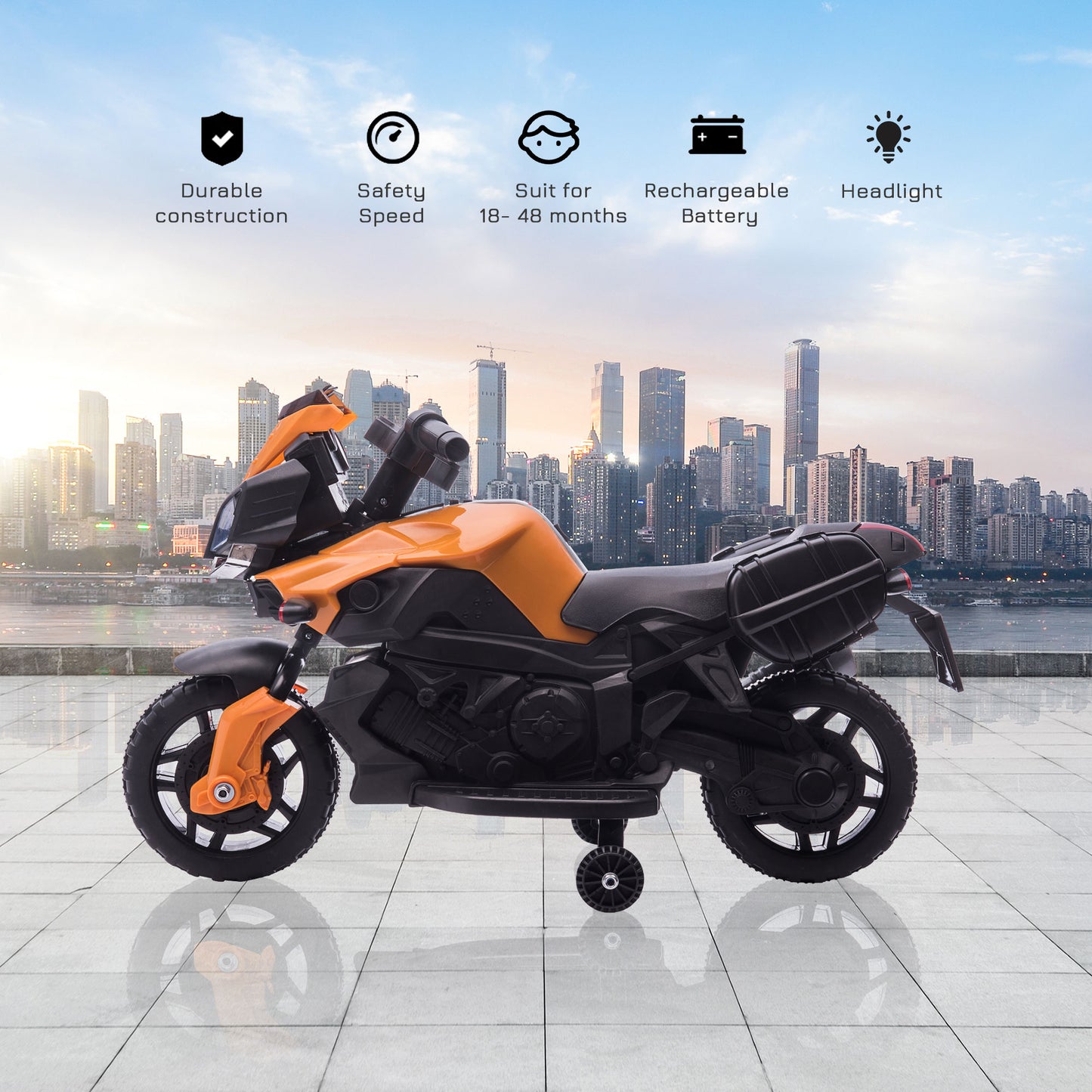 Kids Electric Pedal Motorcycle Ride-On Toy Battery Powered Rechargeable 6V Realistic Sounds 3 km/h Max Speed for Girls Boy 18-48 months Orange