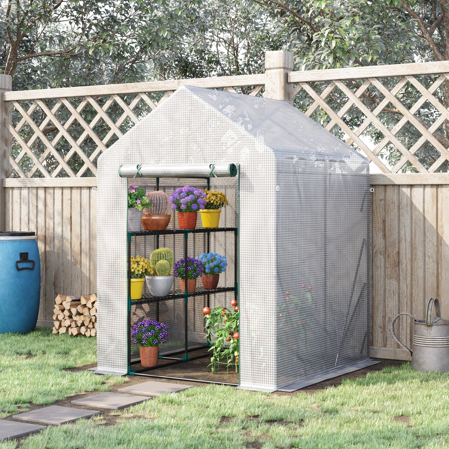 Outsunny Walk-In Greenhouse Portable Gardening Plant Grow House with 2 Tier Shelf, Roll-Up Zippered Door and PE Cover, 143 x 143 x 195 cm