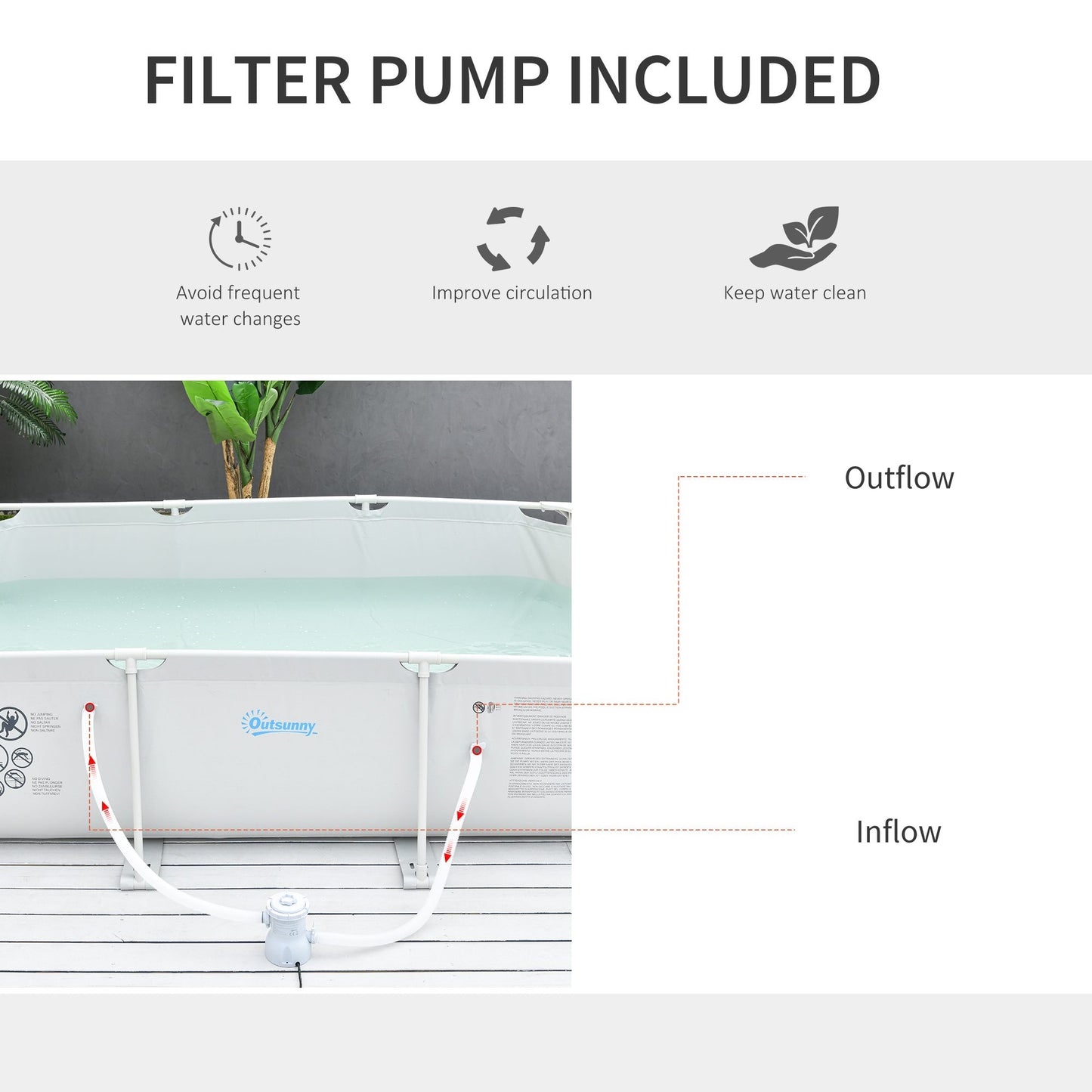 Outsunny Steel Frame Pool with Filter Pump and Filter Cartridge Rust Resistant Above Ground Pool with Reinforced Sidewalls, 292 x 190 x 75cm, Grey