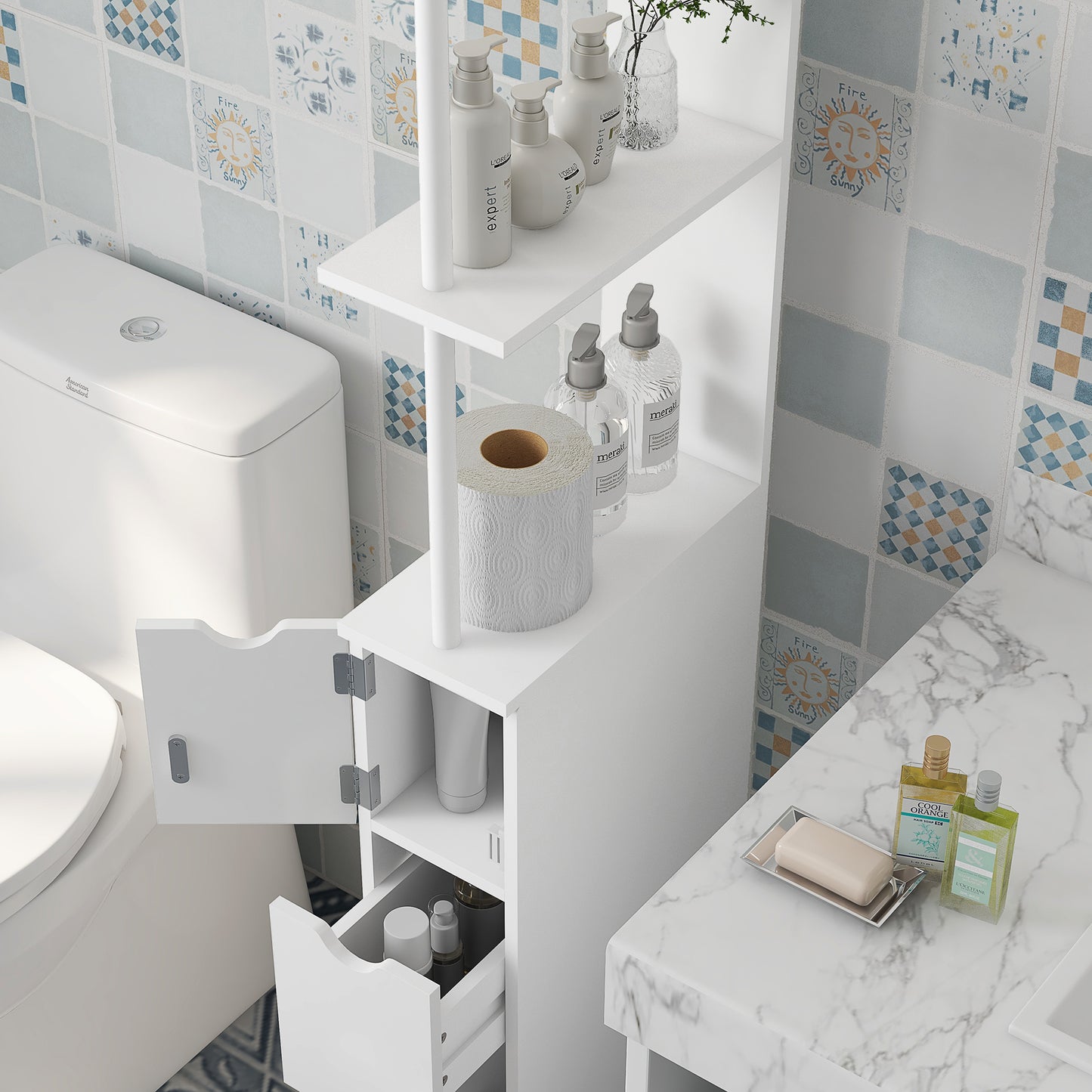 Kleankin Slim Bathroom Storage Cabinet with Drawers, Tall Bathroom Cupboard with 2-Tier Shelf, White
