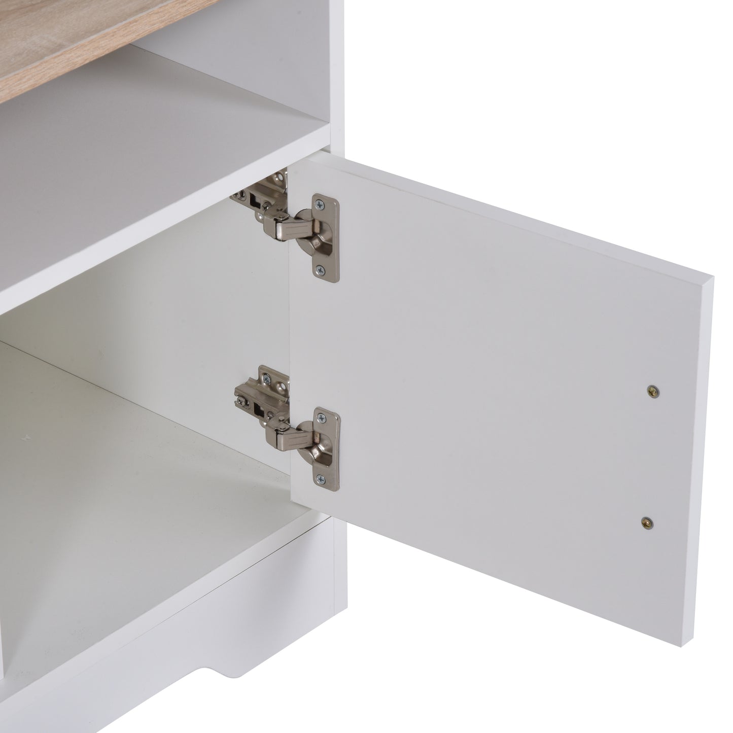 TV Stand for TVs up to 42 Inches with Cabinets, Shelves and Wide Tabletop for Living Room, Bedroom, Dining Room, White and Wood Color