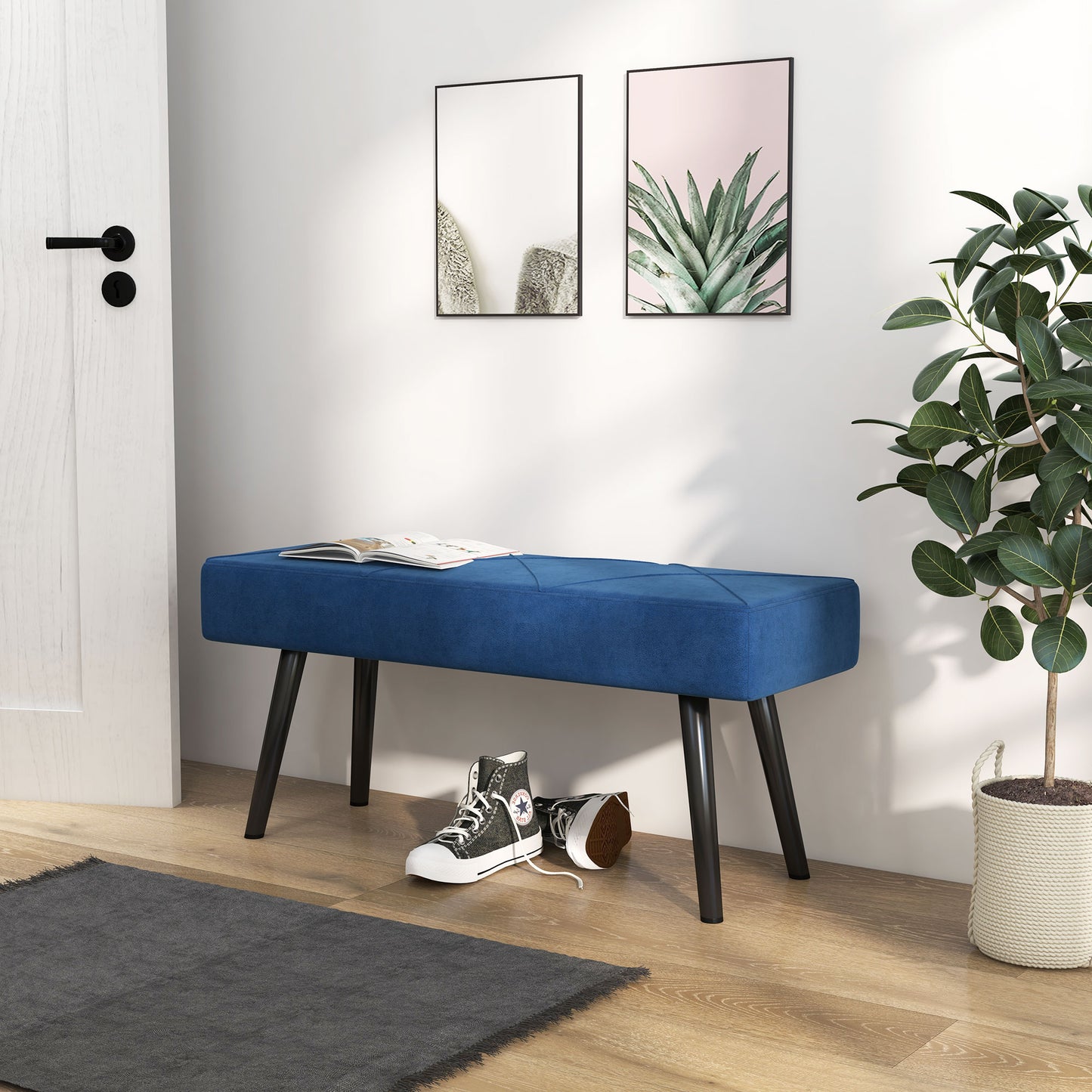 End of Bed Bench with X-Shape Design and Steel Legs, Upholstered Hallway Bench for Bedroom, Blue