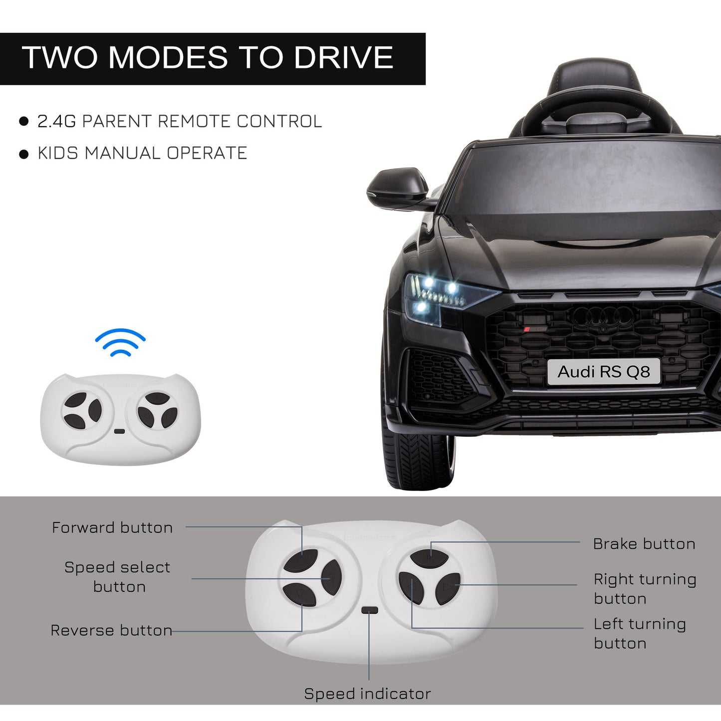 Compatible 6V Battery-powered Kids Electric Ride On Car Audi RS Q8 Toy with Parental Remote Control Music Lights USB MP3 Bluetooth Black