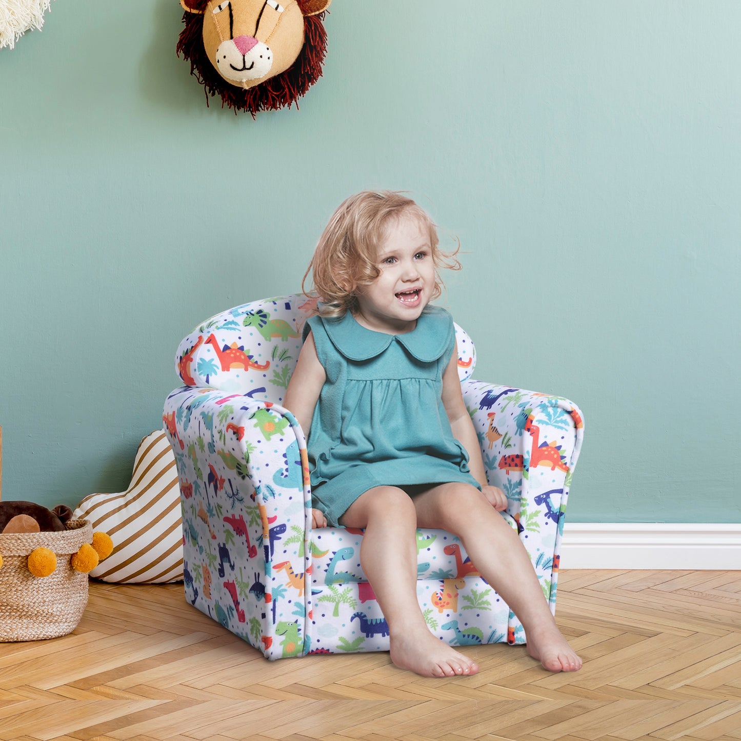 Children's Armchair Kids Sofa Tub Chair Seat Cartoon Dinosaur Pattern Bedroom Flannel Wooden Frame Non-slip Playroom Seater