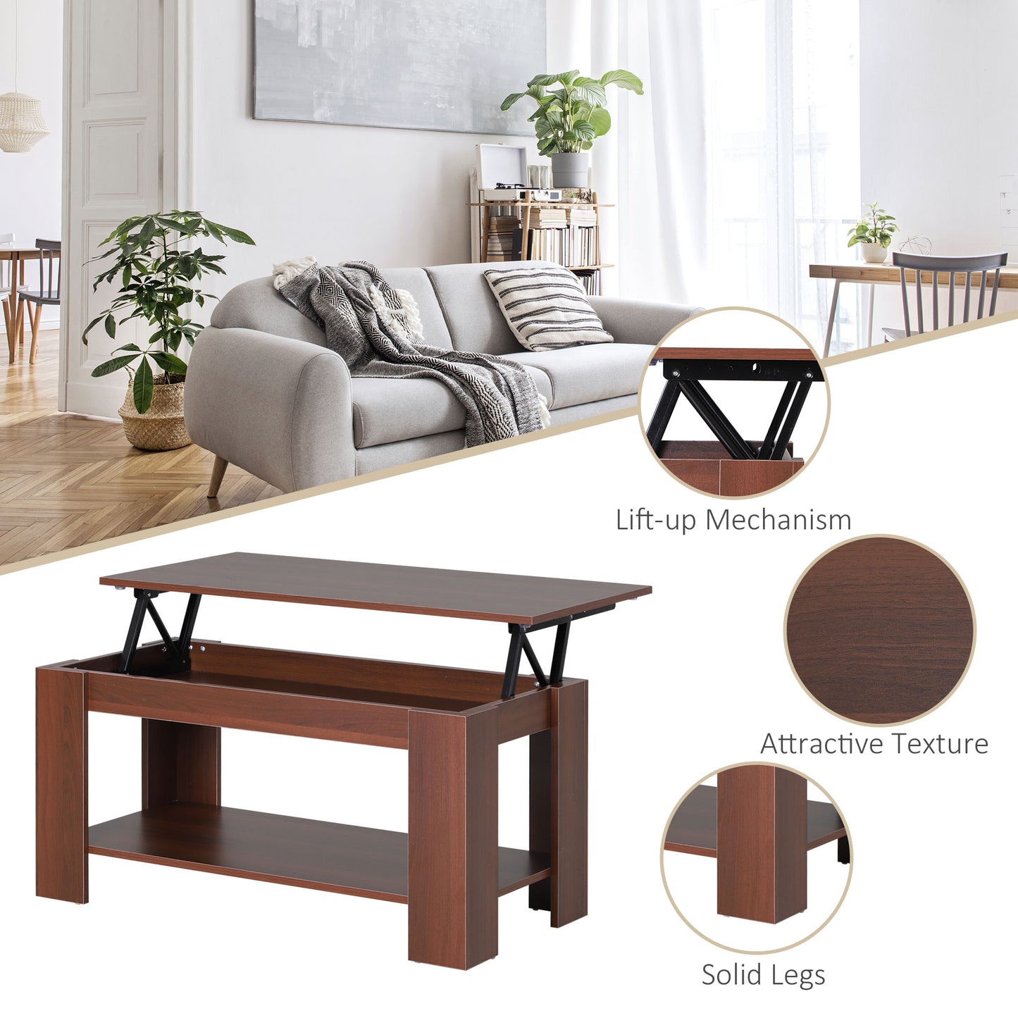 Modern Lift Up Top Coffee Table Desk Hidden Storage Bottom Shelf 100W x 50D x 63H cm