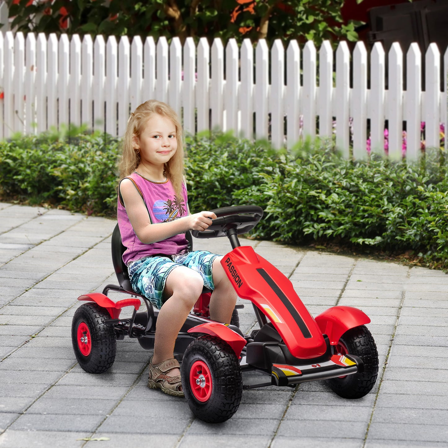 Children's Pedal Go Kart, Kids Ride On Racer with Adjustable Seat, Inflatable Rubber Tyres, Handbrake, for Ages 5-12 Years - Red
