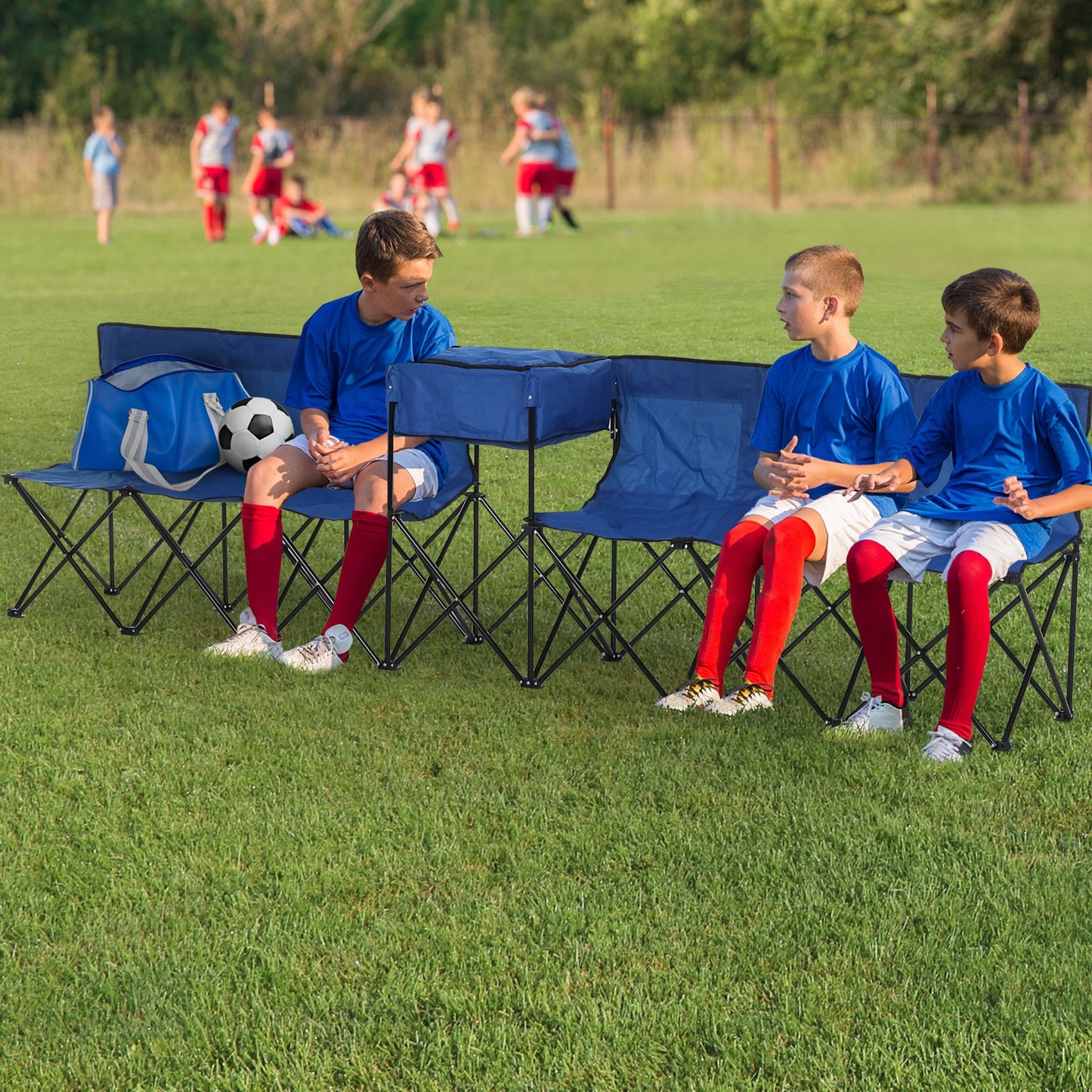 Outsunny Team Substitute Bench 6-Seater Folding Steel Camping Bench w/ Cooler Bag Blue