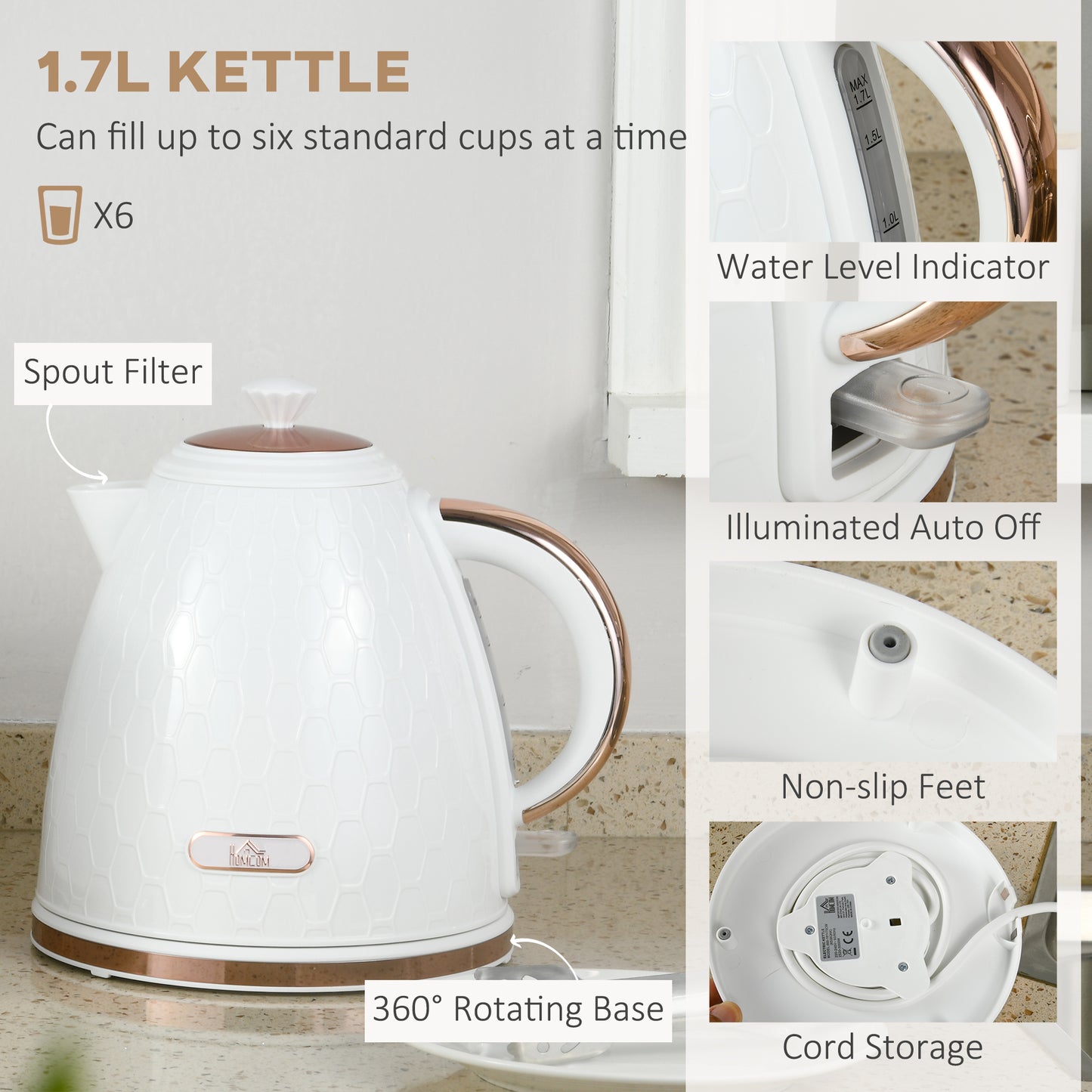 3000W 1.7L Fast Boil Kettle & 4 Slice Toaster Set, Kettle and Toaster Set with 7 Browning Controls, Crumb Tray, White