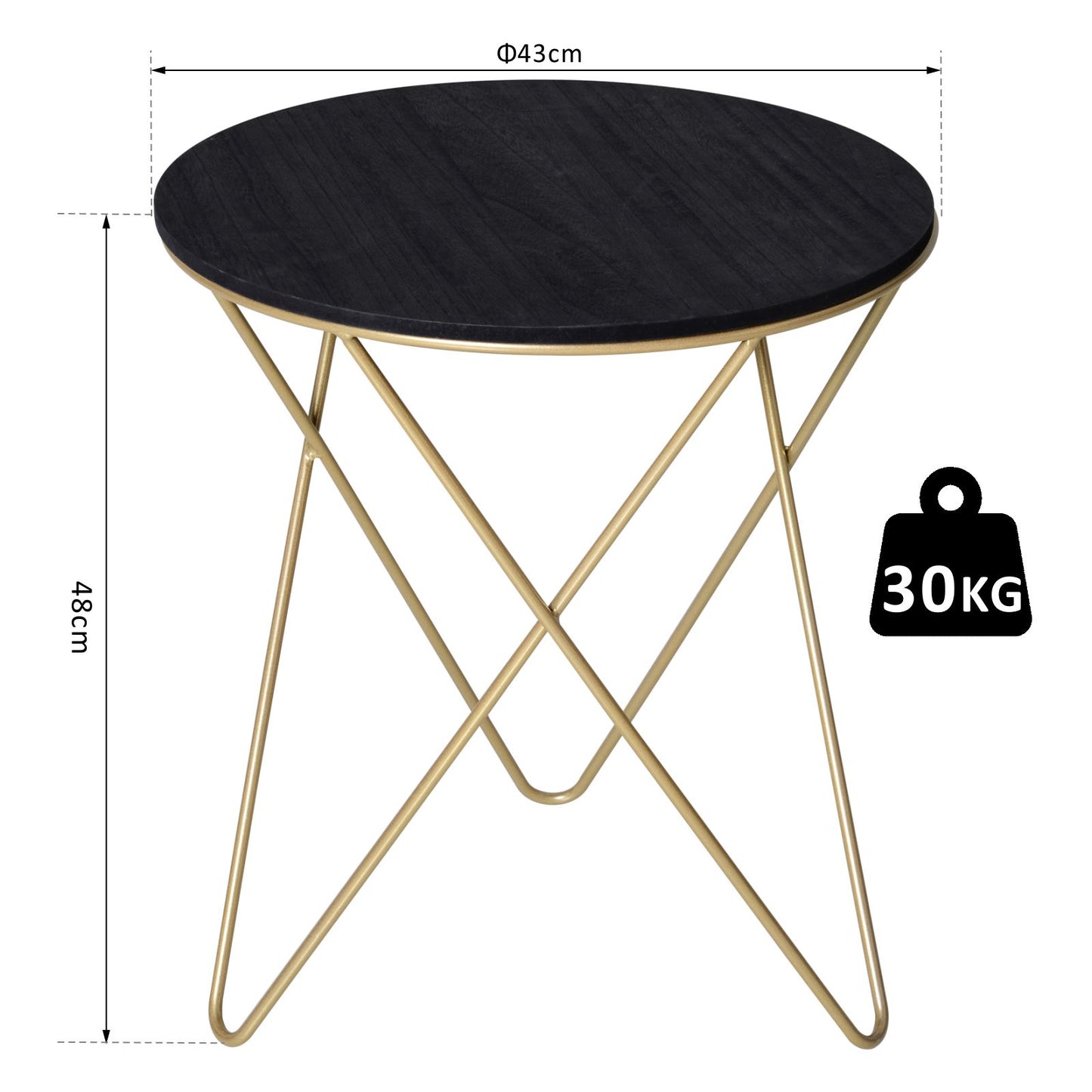 Wooden Metal Round Coffee Table Sofa End Side Bedside Table Modern Style Living Room Decor - Black Gold Color (Φ43cm)
