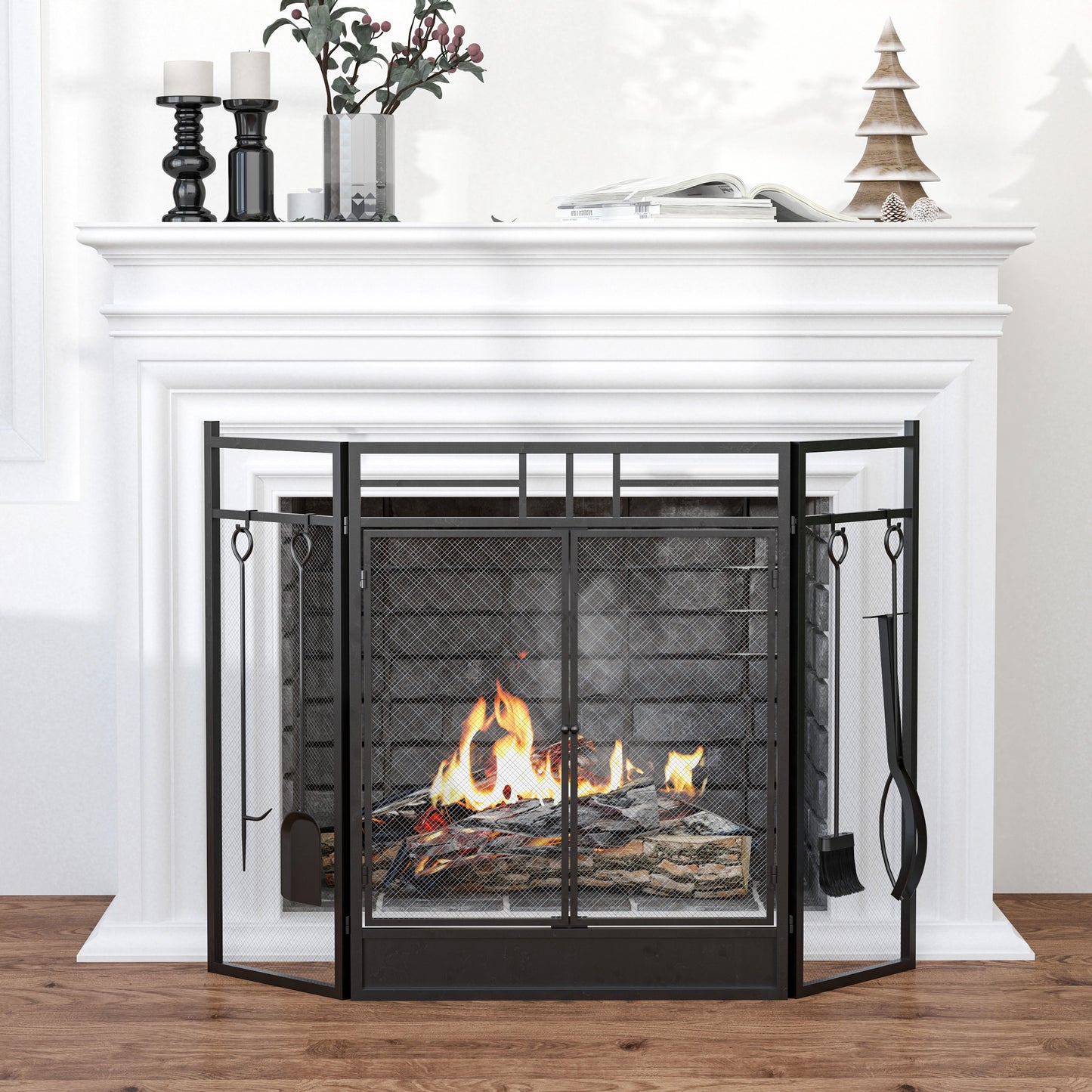 3 Panel Folding Fire Guard, Steel Fireplace Screen with Double Door and Mesh Design for Open Fire, 122W x 80H cm, Black