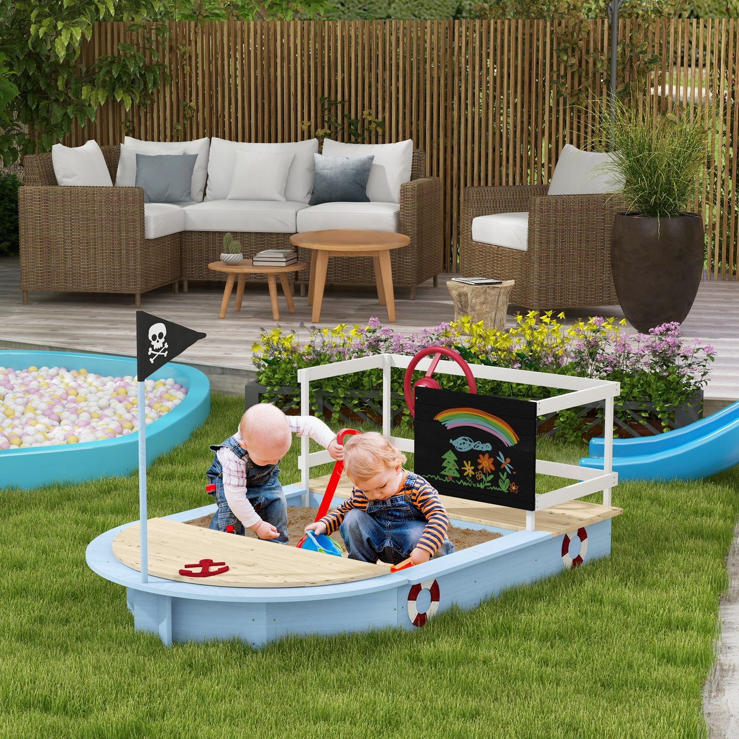 Outsunny Wooden Kids Sandbox Pirate Ship Design Blue