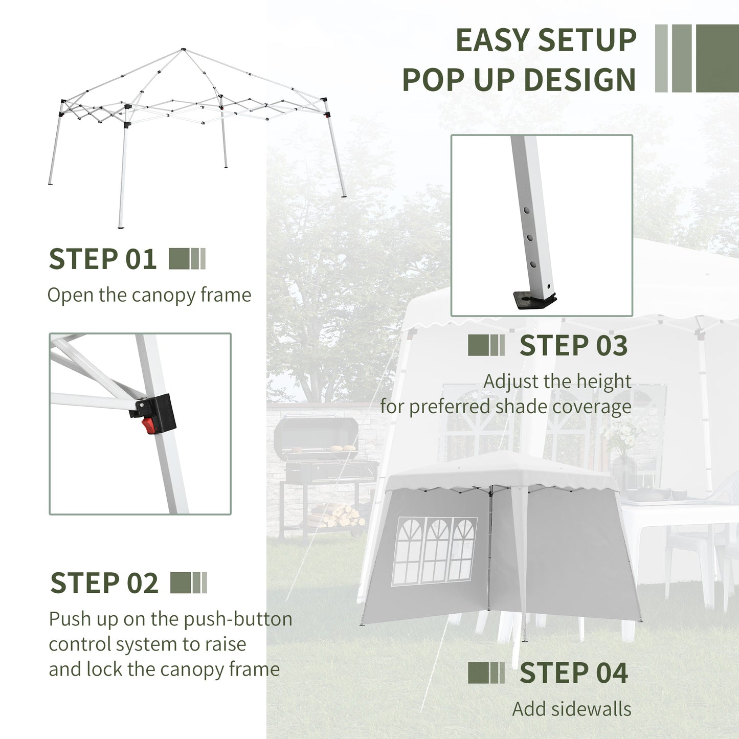 2.9 x 2.9m Pop Up Gazebo with 2 Sides, Slant Legs and Carry Bag, Height Adjustable UV50+ Party Tent Event Shelter for Garden, Patio, White