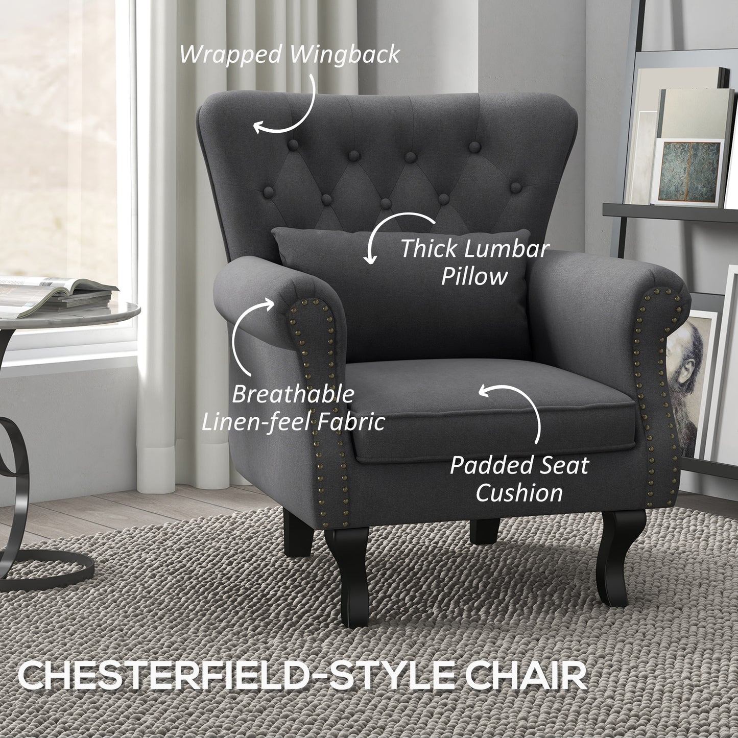 Chesterfield-style Accent Chair, Tufted Wingback Armchair with Pillow, Nailhead Trim for Living Room, Bedroom, Dark Grey