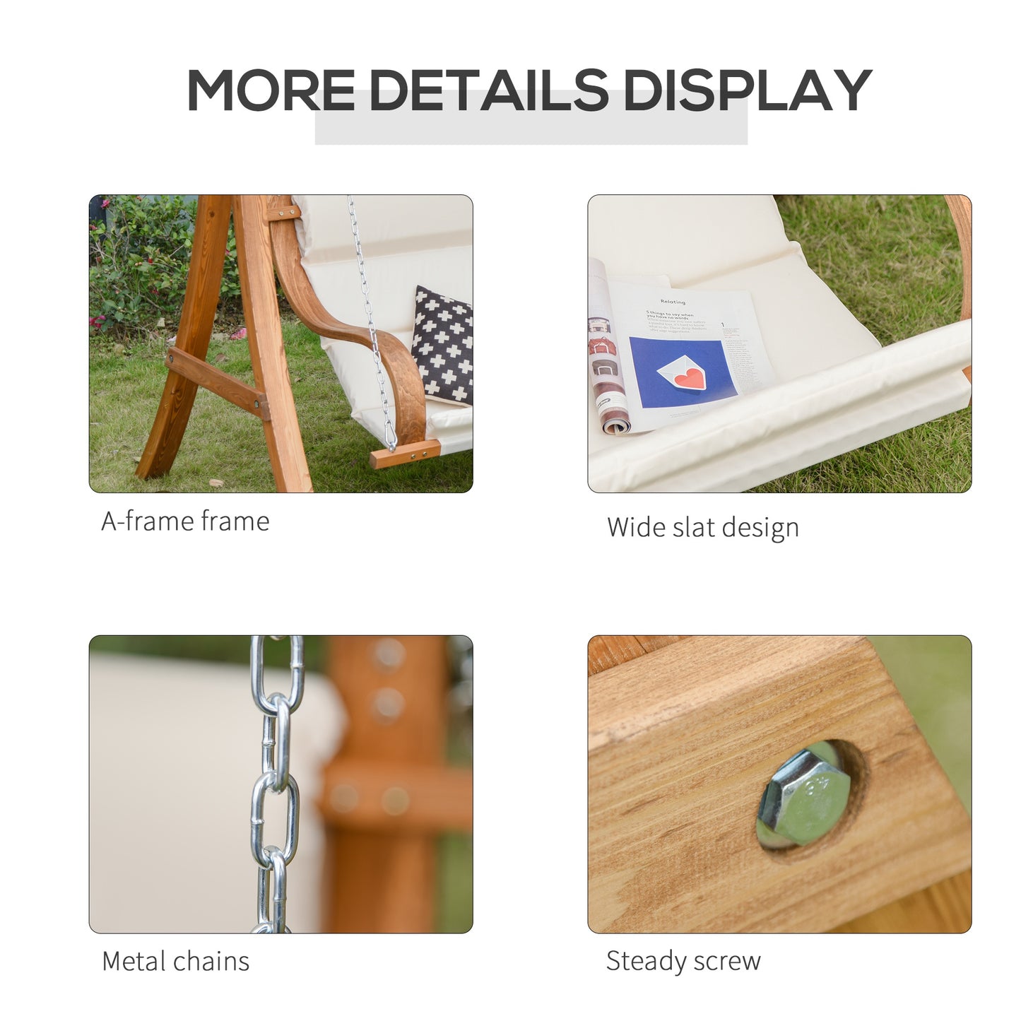 Outsunny Wooden Porch Swing Chair A-Frame Wood Log Swing Bench Chair With Canopy and Cushion for Patio Garden Yard
