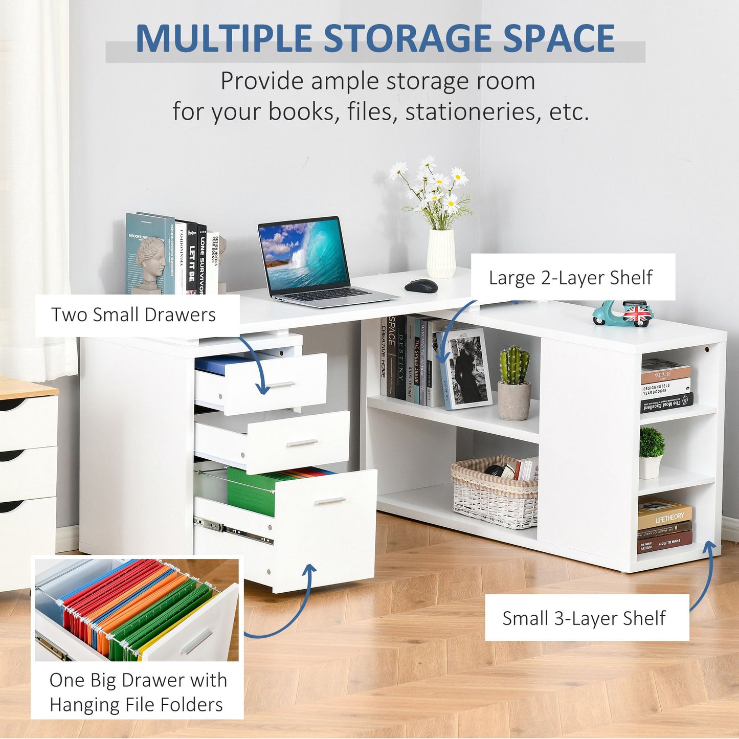L-Shaped Computer Desk Home Office Corner Desk Study Workstation Table with Storage Shelves and Drawers, White