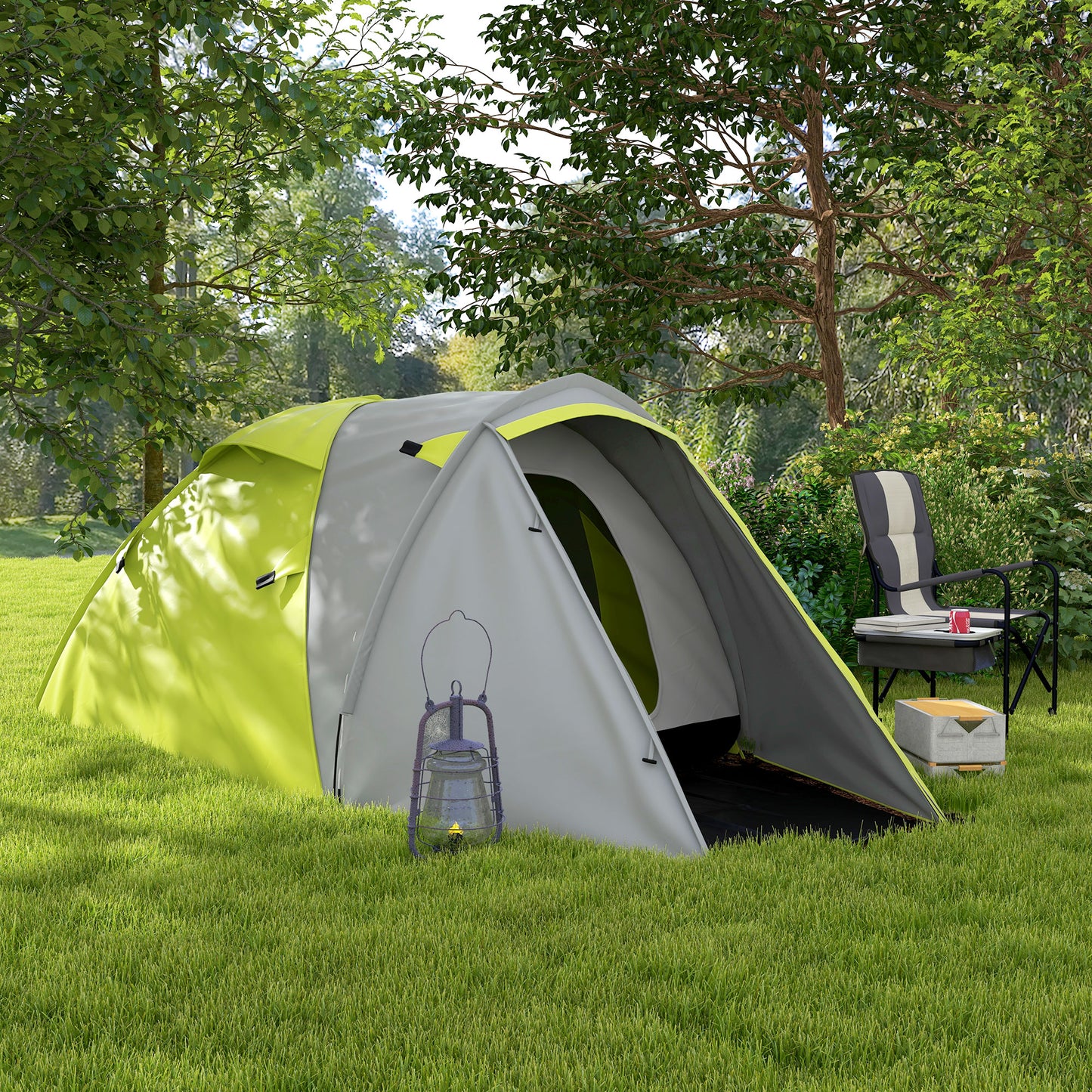 Outsunny 2-3 Man Camping Tent with 2 Rooms, 2000mm Waterproof Family Tent, Portable with Bag for Fishing Hiking Festival, Yellow