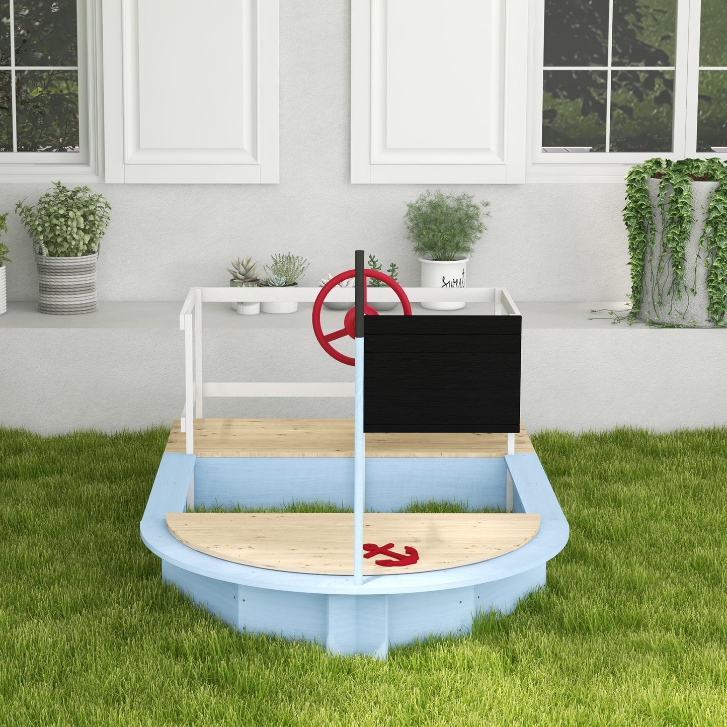 Outsunny Wooden Kids Sandbox Pirate Ship Design Blue