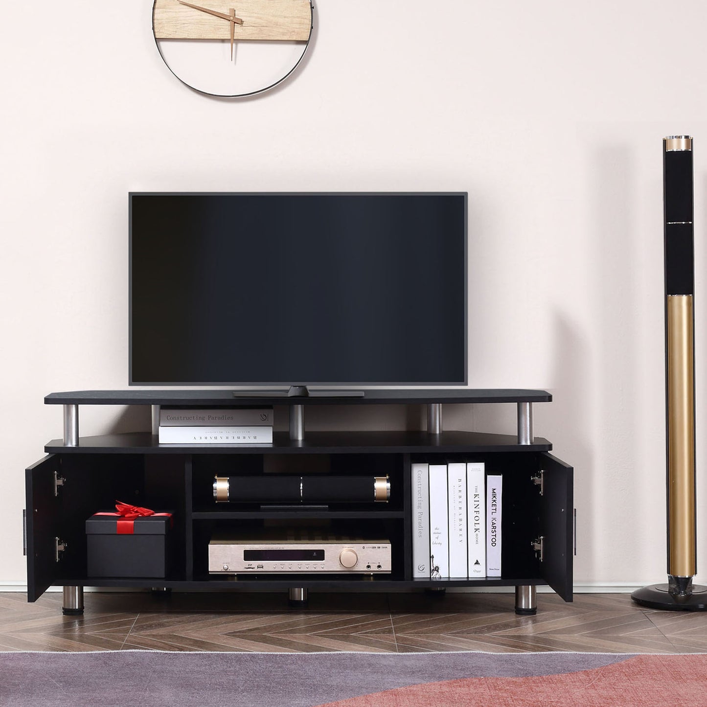 TV Unit with Storage for TVs up to 55 Inches with 2 Storage Shelves and 2 Cupboards, Entertainment Center for Living Room, Black