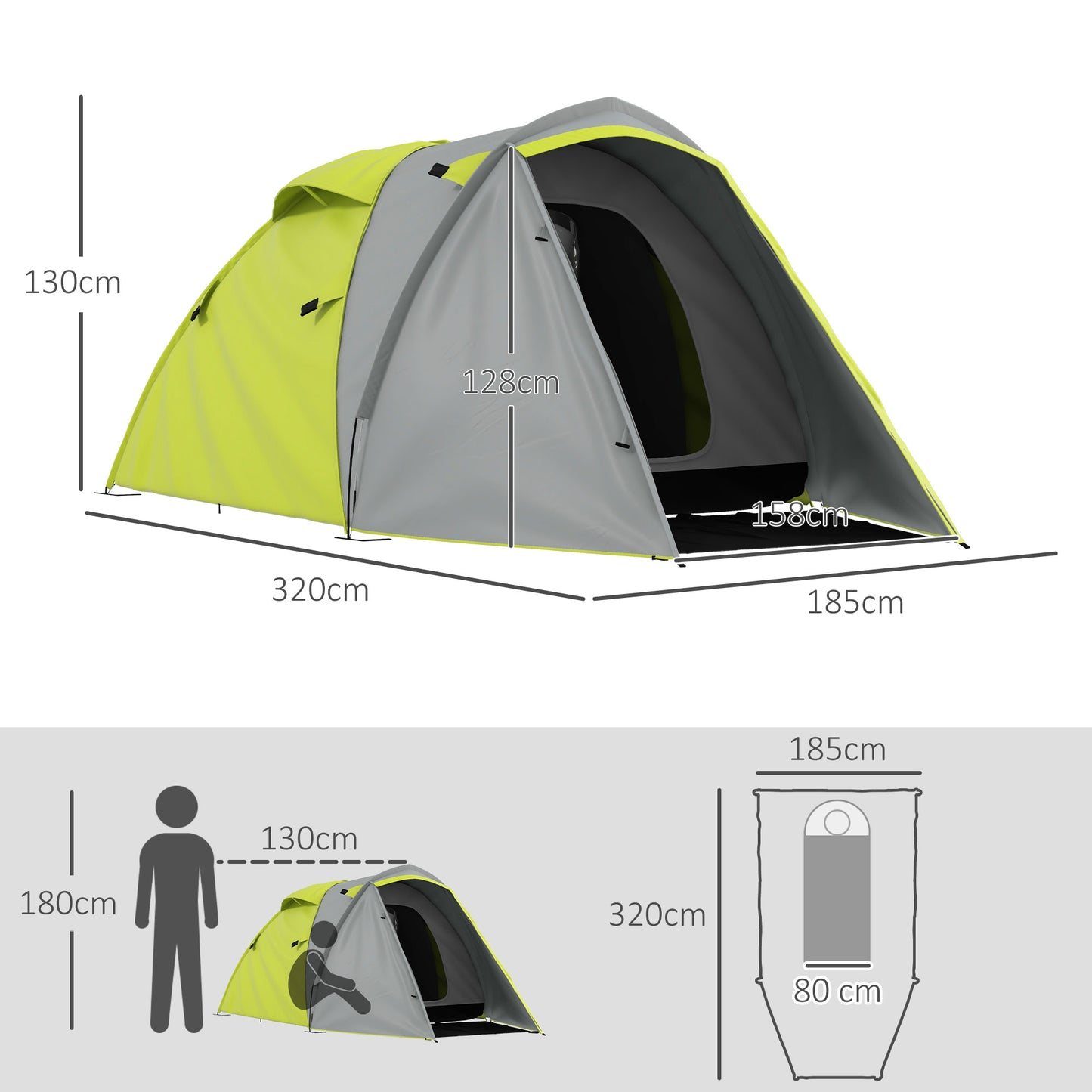 Outsunny 2-3 Man Camping Tent with 2 Rooms, 2000mm Waterproof Family Tent, Portable with Bag for Fishing Hiking Festival, Yellow