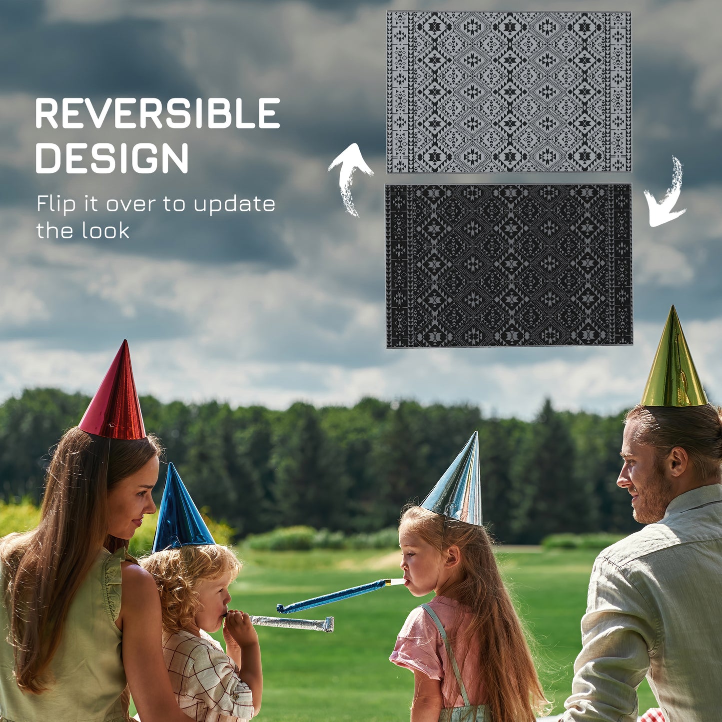 Outsunny Plastic Straw Reversible RV Outdoor Rug with Carry Bag, 182 x 274cm, Black and Grey