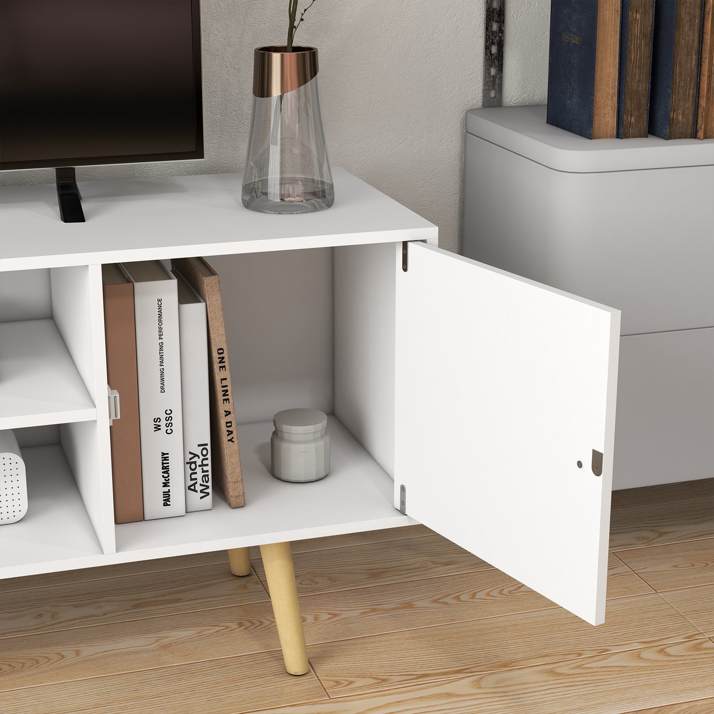 TV Unit Cabinet for TVs up to 55 Inches, TV Stand with Storage Shelves and Wood Legs for Living Room, White