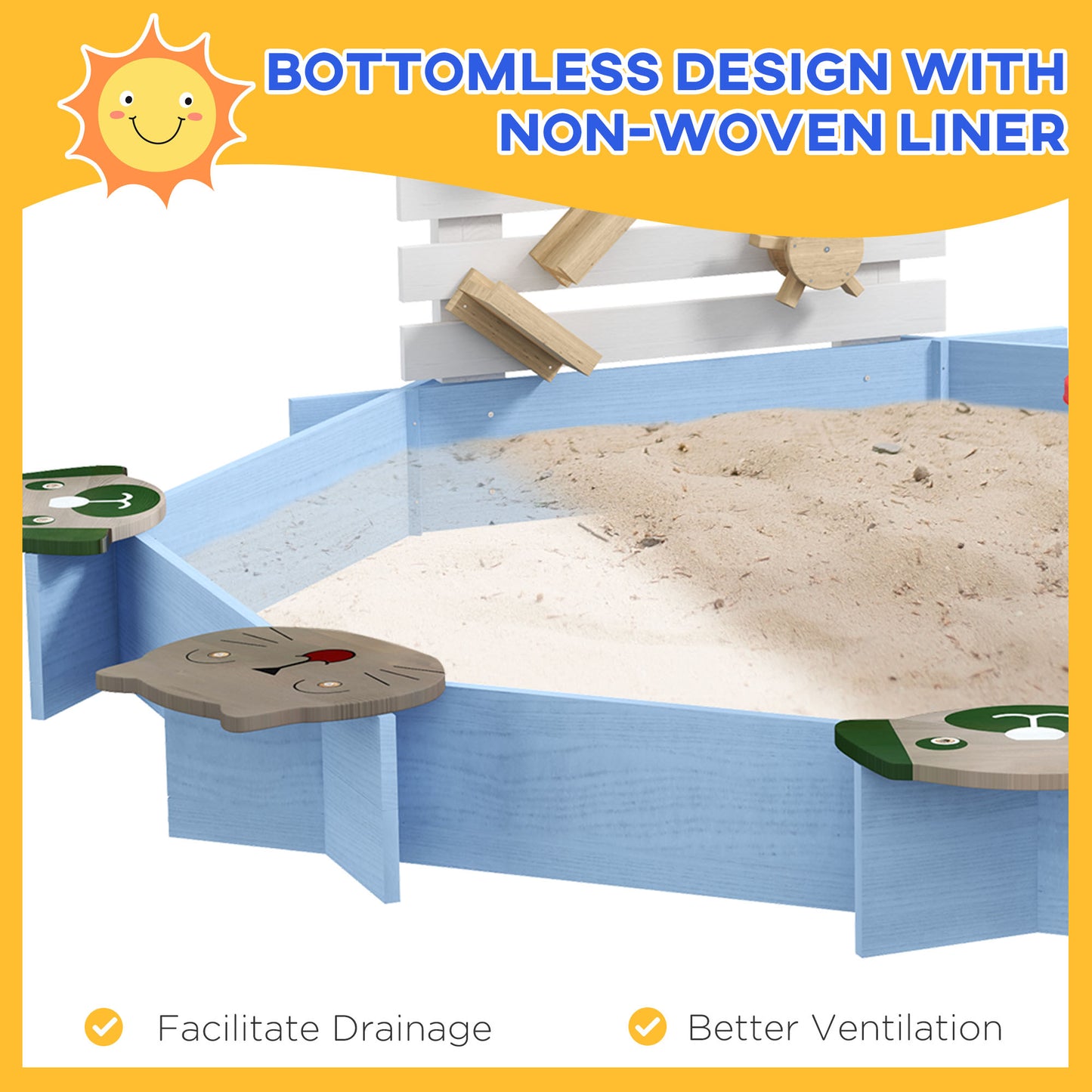 Outsunny Wooden Kids Sandbox with 6 Seats Blue