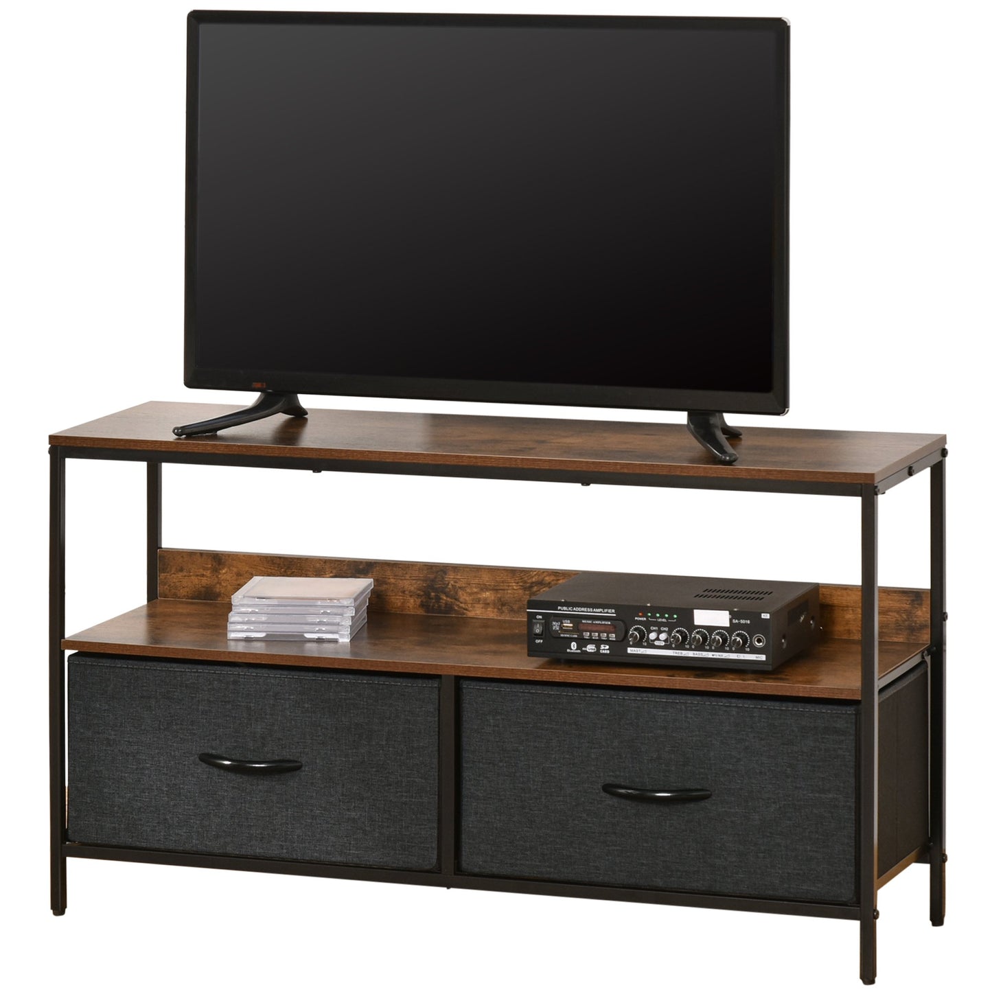 TV Cabinet Console Unit With 2 Foldable Linen Drawers, TV Stand With Shelving For Living Room, Entertainment Room, Rustic Brown