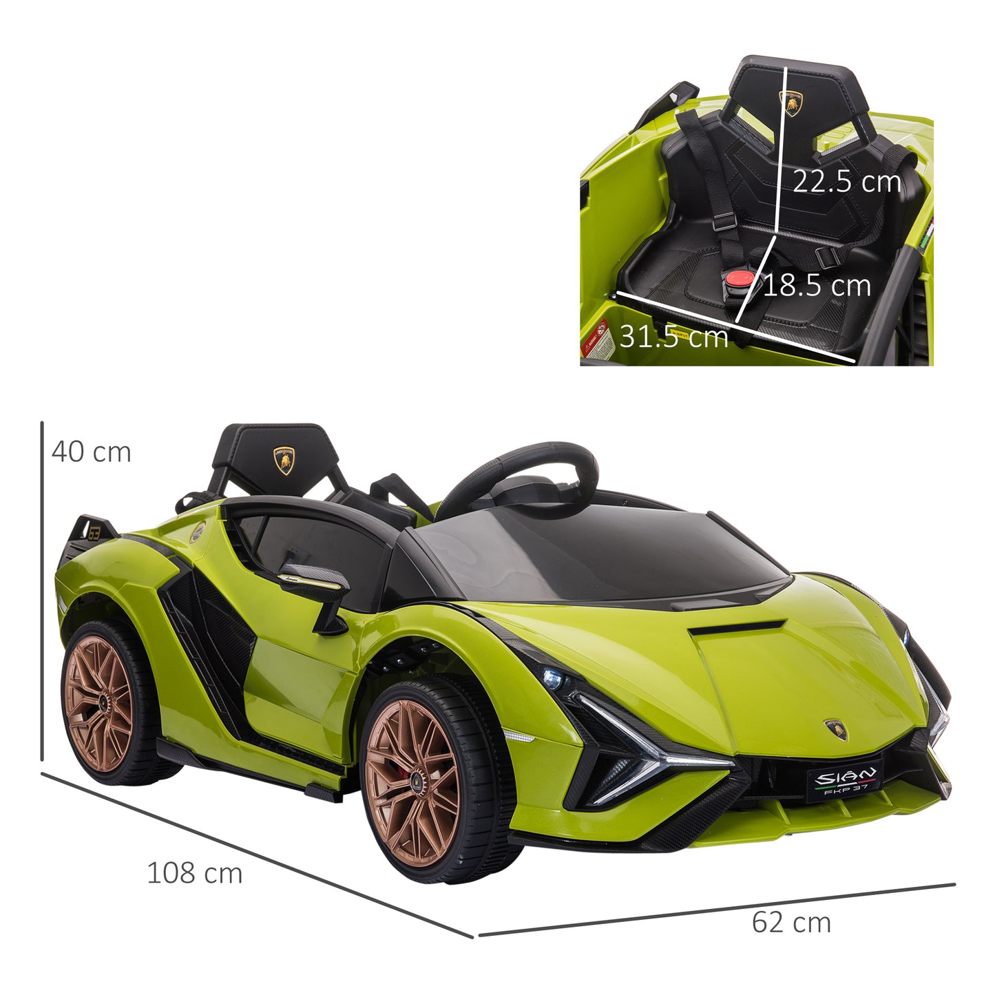 Kids Electric Ride On Car Lamborghini SIAN Toy with Parental Remote Control Lights MP3 for 3-5 Years Old Green 12V Battery-powered