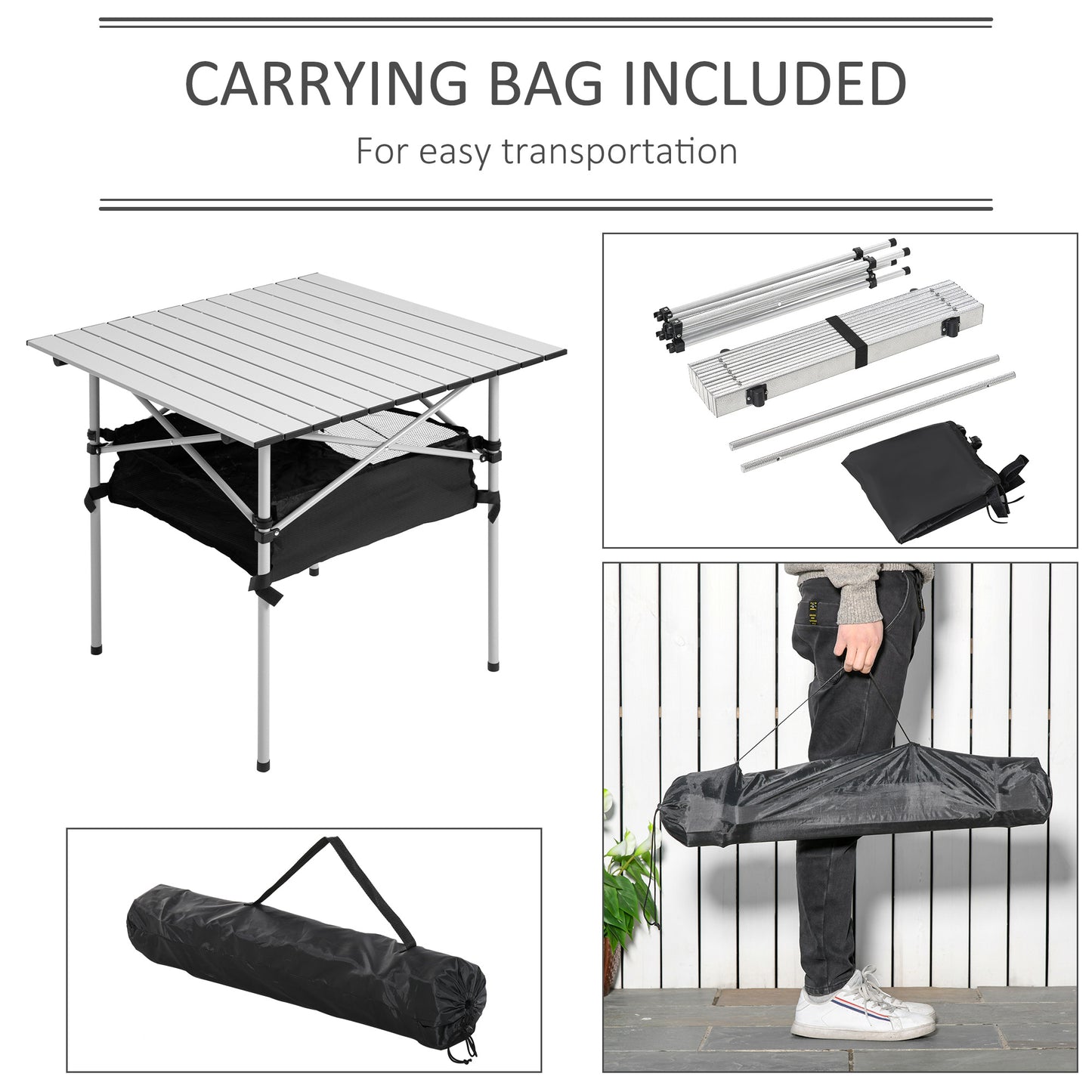 Outsunny Portable Camping Table W/ Mesh Bag Camping Outdoor Dining Foldable W/ Steel Frame Picnic Lightweight Hiking Furniture Desk, Silver Black