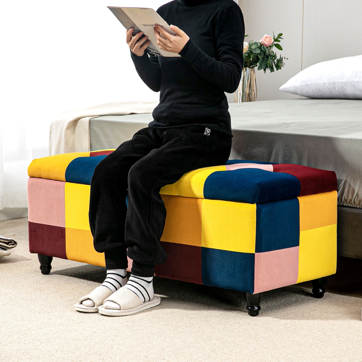 Velvet Storage Ottoman, Button-tufted Footstool Box, Toy Chest with Lid for Living Room, Bedroom, Multicoloured 114 x 47 x 47cm