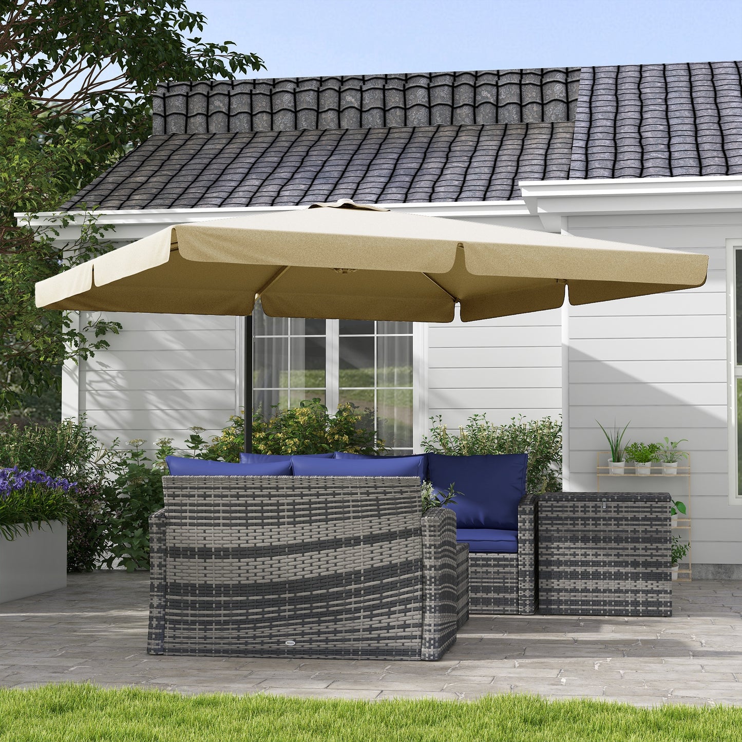 Outsunny 3(m) Cantilever Roma Parasol, Hanging Garden Parasol, Aluminium Square Patio Umbrella with Crank Handle and Tilt, Outdoor Patio Sun Shade with Vented Top, 8 Ribs, Cross Base, Khaki