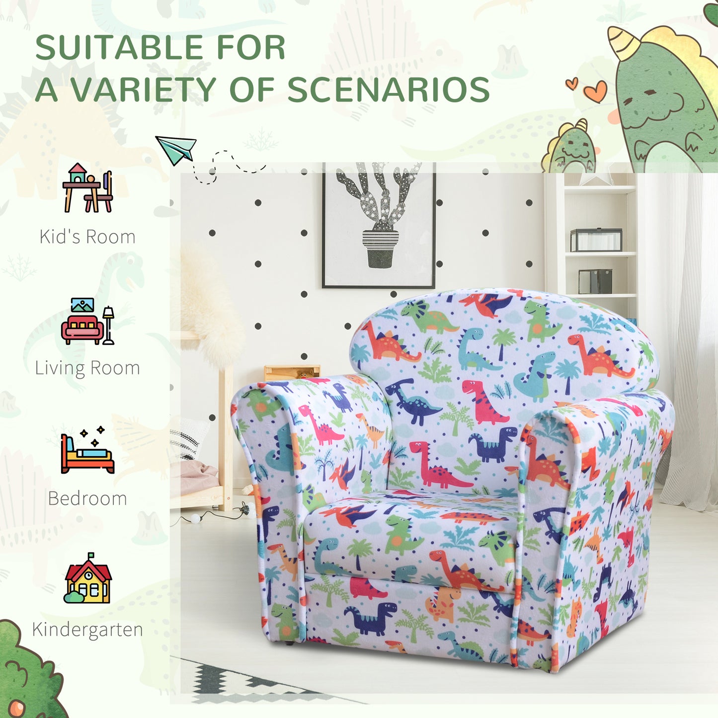 Children's Armchair Kids Sofa Tub Chair Seat Cartoon Dinosaur Pattern Bedroom Flannel Wooden Frame Non-slip Playroom Seater